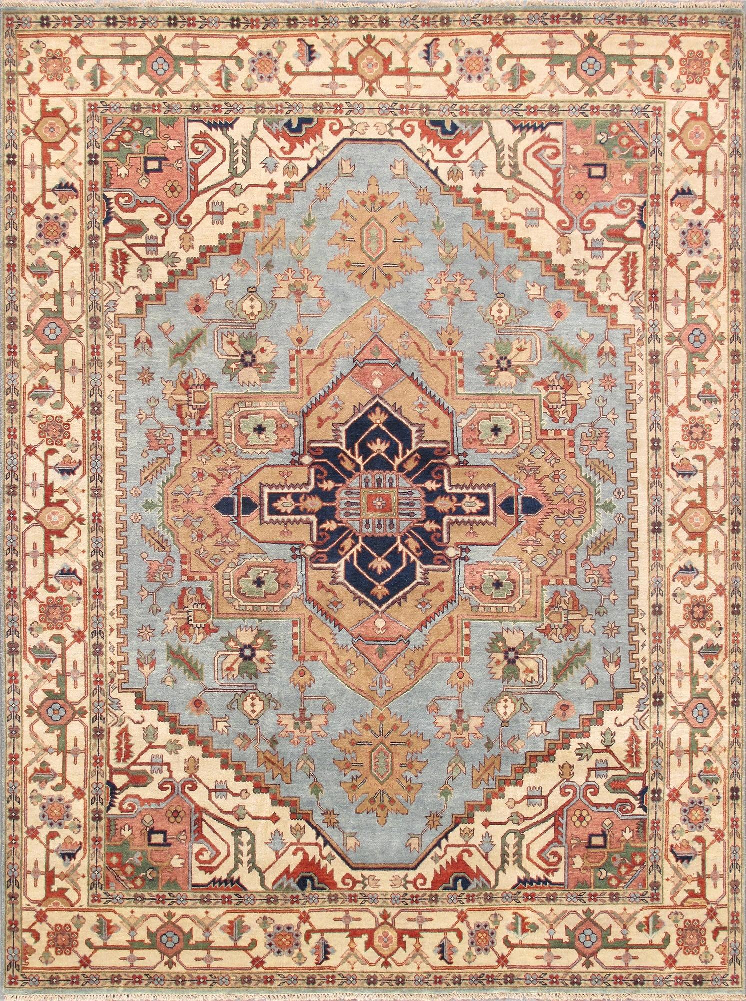 Serapi Hand-Knotted Wool Oriental Area Rug in Light Blue/Ivory/Navy/Yellow