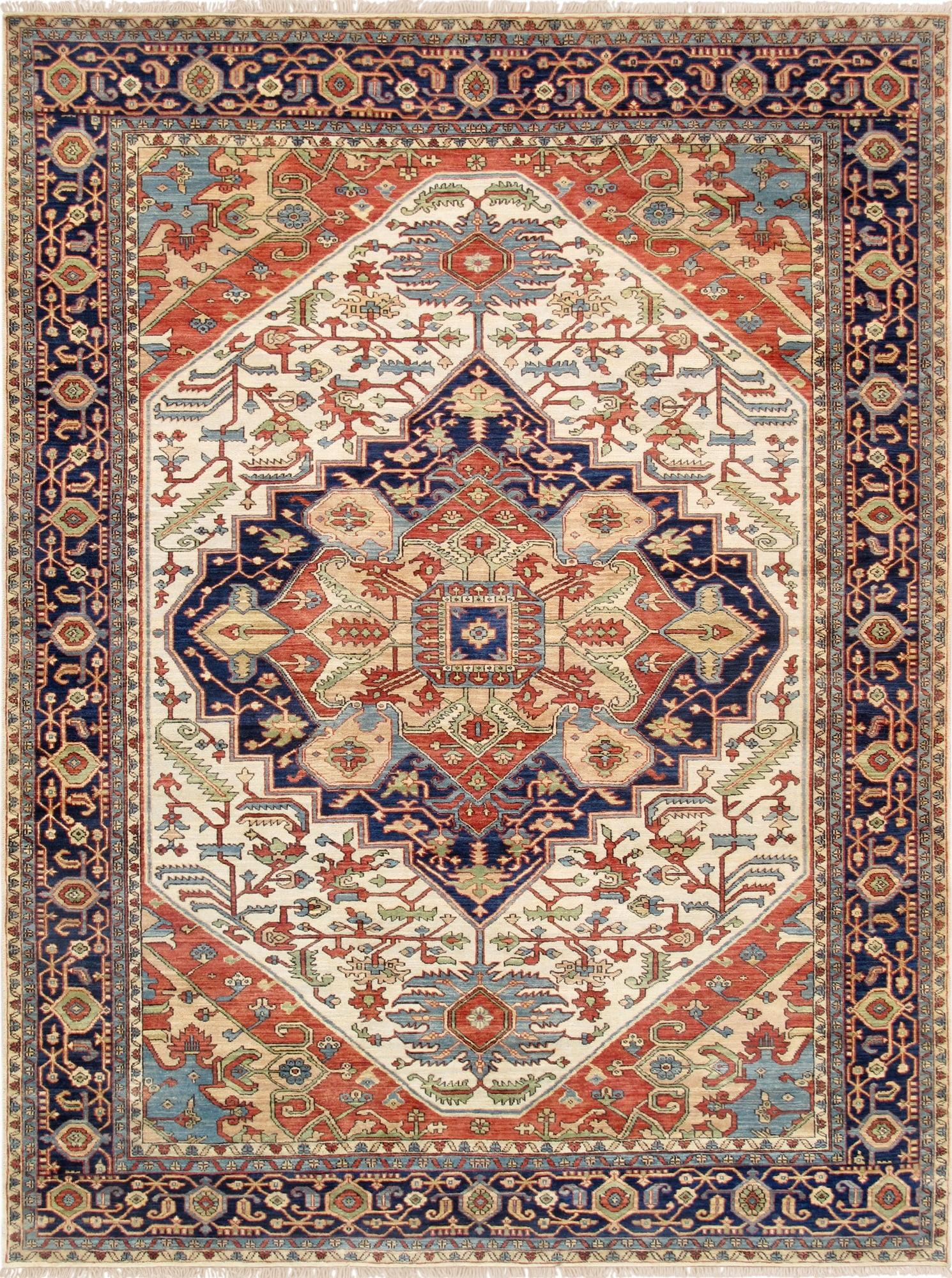 Serapi Hand-Knotted Wool Oriental Area Rug in Ivory/Navy/Red-Orange