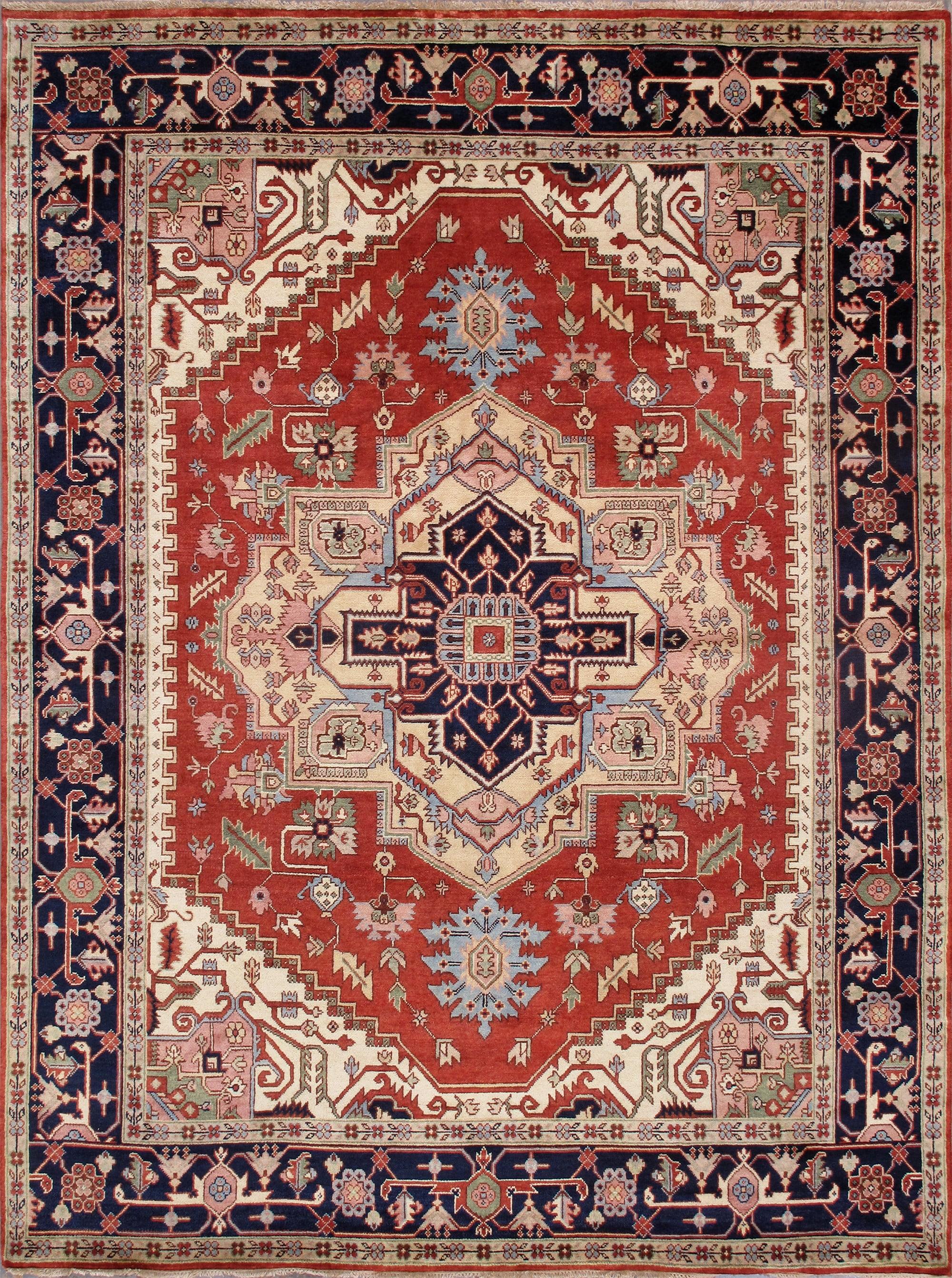 Serapi Hand-Knotted Wool Oriental Area Rug in Red/Navy/Cream