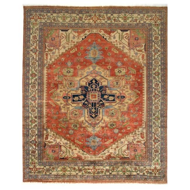 Serapi Hand-Knotted Wool Oriental Area Rug in Red/Navy/Cream