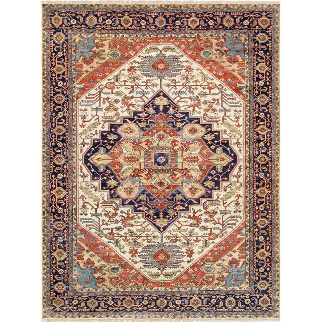 Serapi Hand-Knotted Wool Oriental Area Rug in Ivory/Navy/Red-Orange