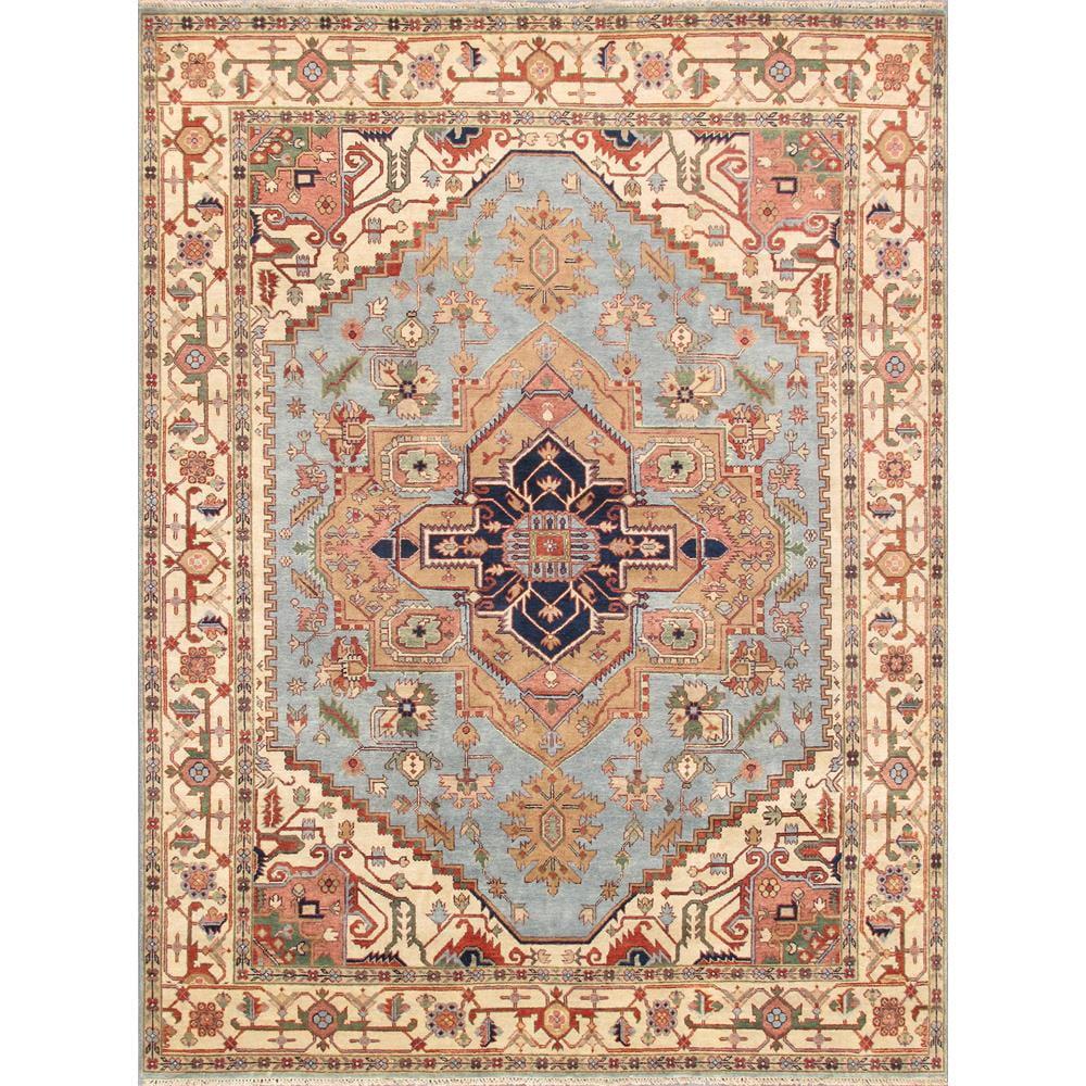 Serapi Hand-Knotted Wool Oriental Area Rug in Light Blue/Ivory/Navy/Yellow