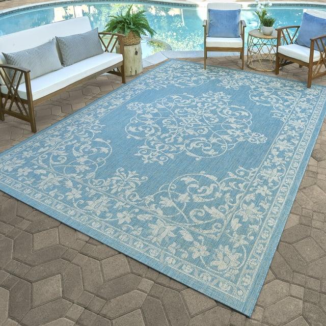 Gertmenian Paseo Ryoan Oasis Blue Traditional Floral Medallion Flatweave Indoor/Outdoor Area Rug