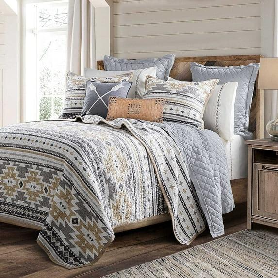 Paseo Road by HiEnd Accents Desert Sage Gray/Tan/White Aztec Print Cotton Southwestern Style Reversible Quilt Set