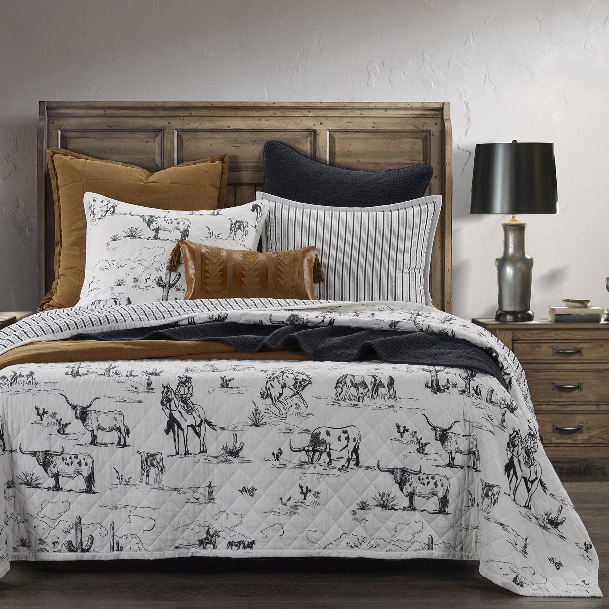 Ranch Life White/Black Cotton Reversible Western Rustic Farmhouse 3 Piece Quilt Set