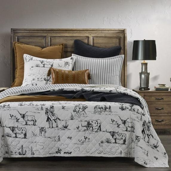 Paseo Road by HiEnd Accents Ranch Life White/Black Cotton Reversible Western Rustic Farmhouse 3 Piece Quilt Set