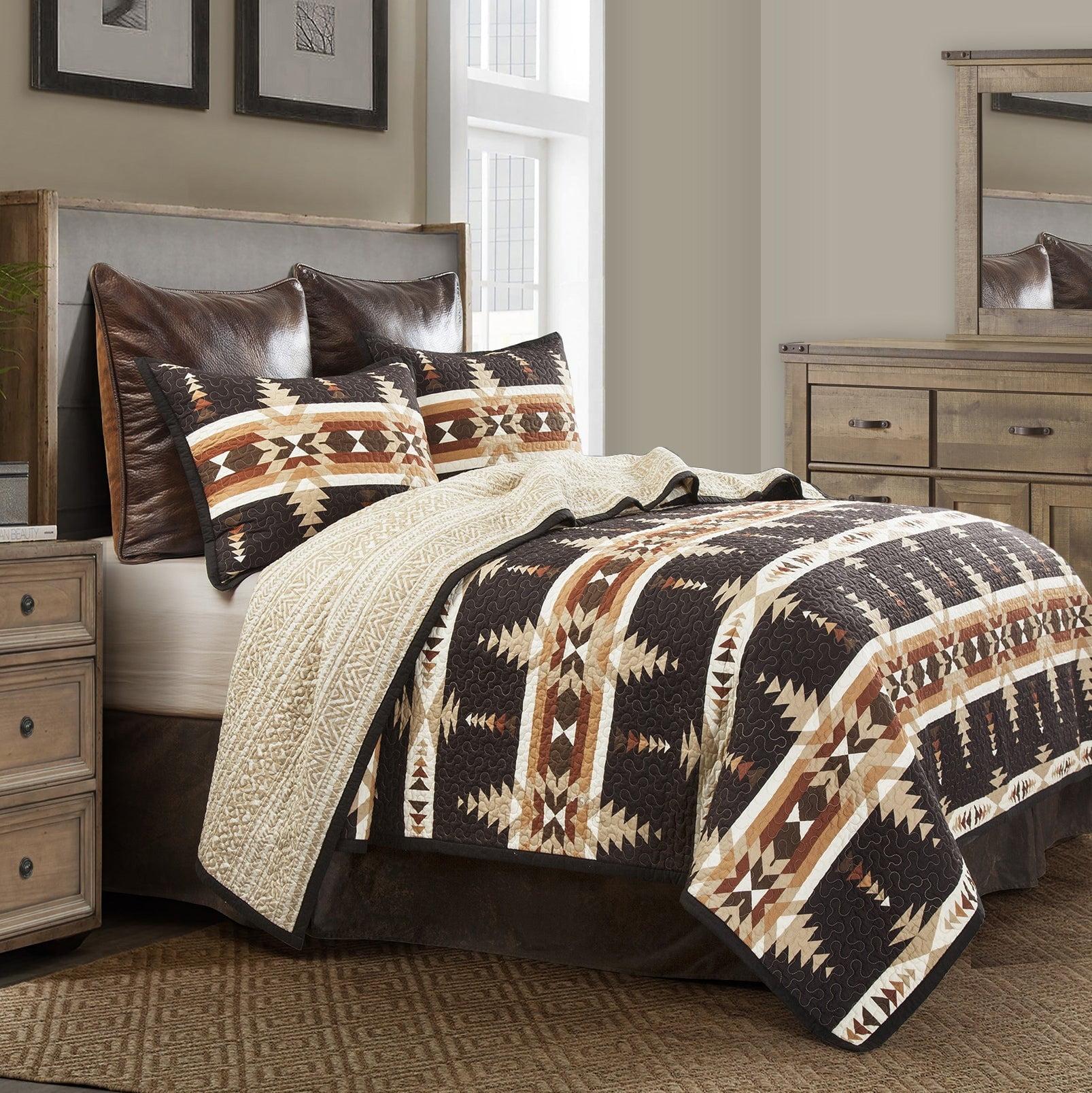 Yosemite Brown Tan White Aztec Print Southwestern Rustic Cotton Reversible Quilt Set