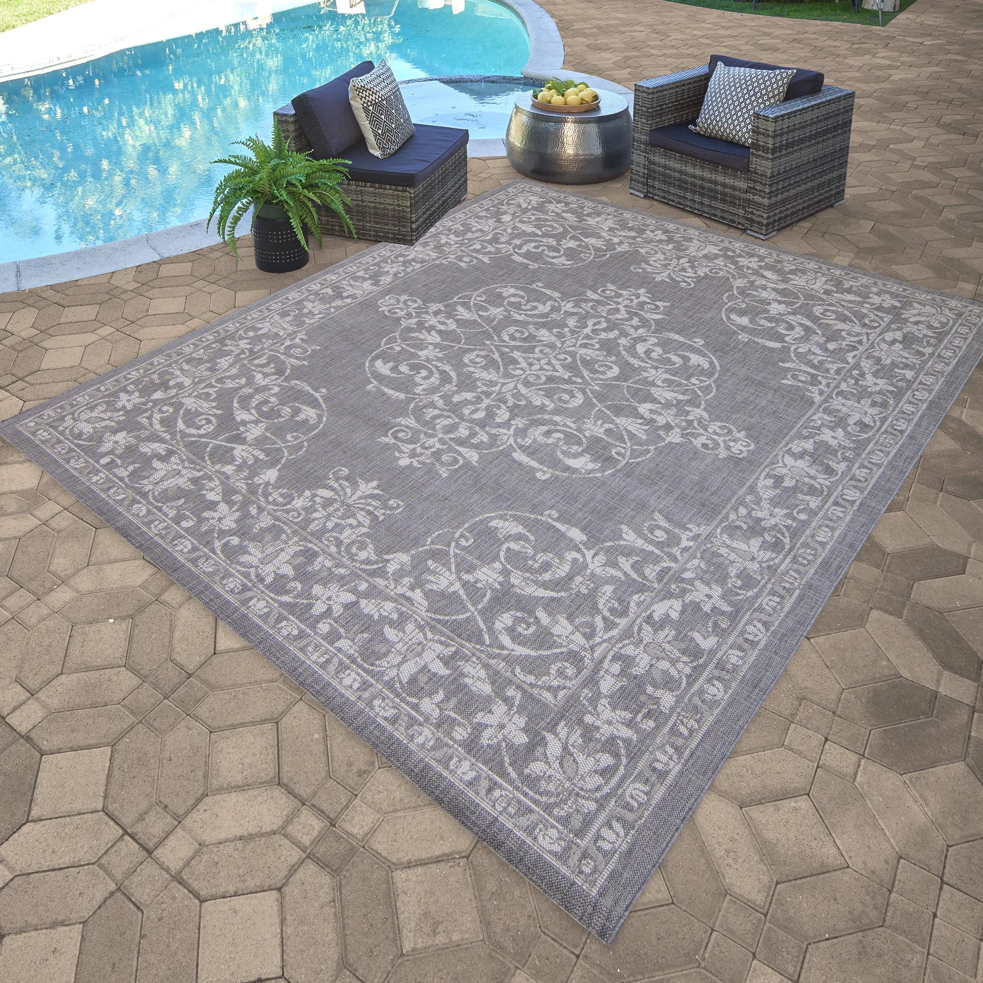 Paseo Ryoan Gray/Silver Traditional Medallion Flatweave Indoor/Outdoor Area Rug