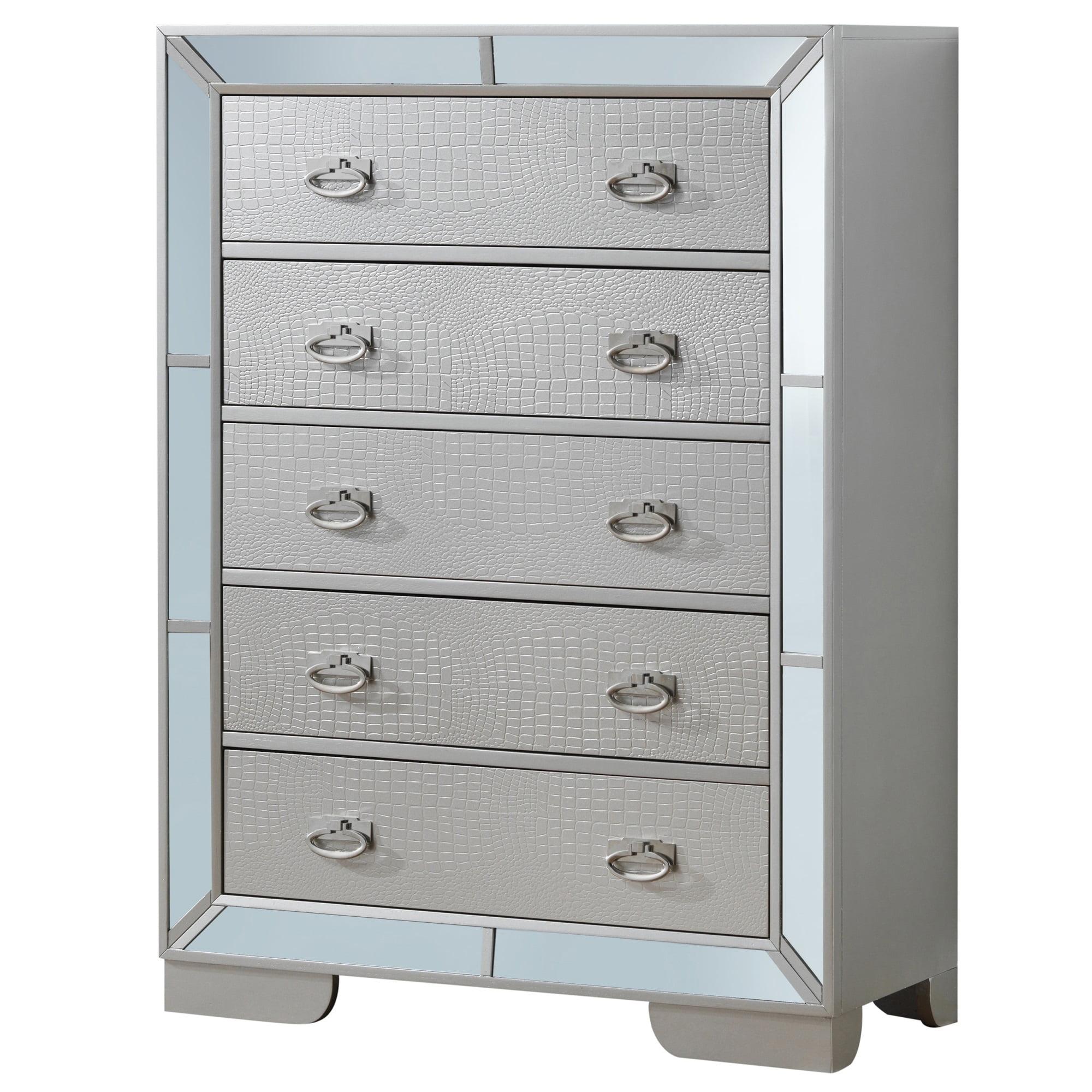 Hollywood Hills Champagne 5-Drawer Mirrored Chest in Silver