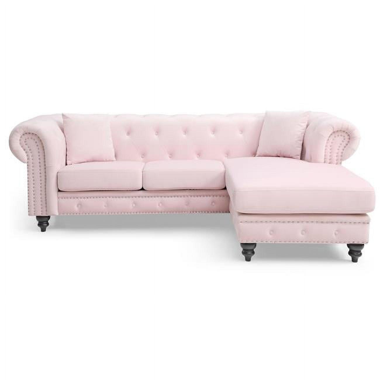 Pink Velvet Chesterfield Sofa with Nailhead Trim and Ottoman