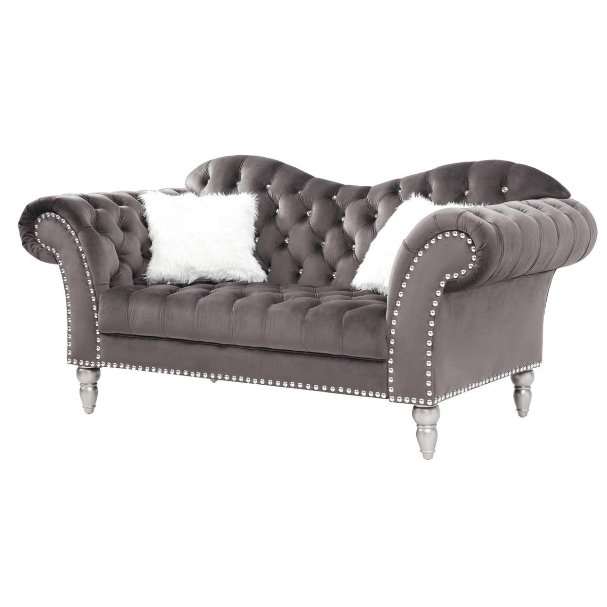 Wilshire Glam Dark Gray Tufted Velvet 3-Seater Sofa with Nailhead Accents