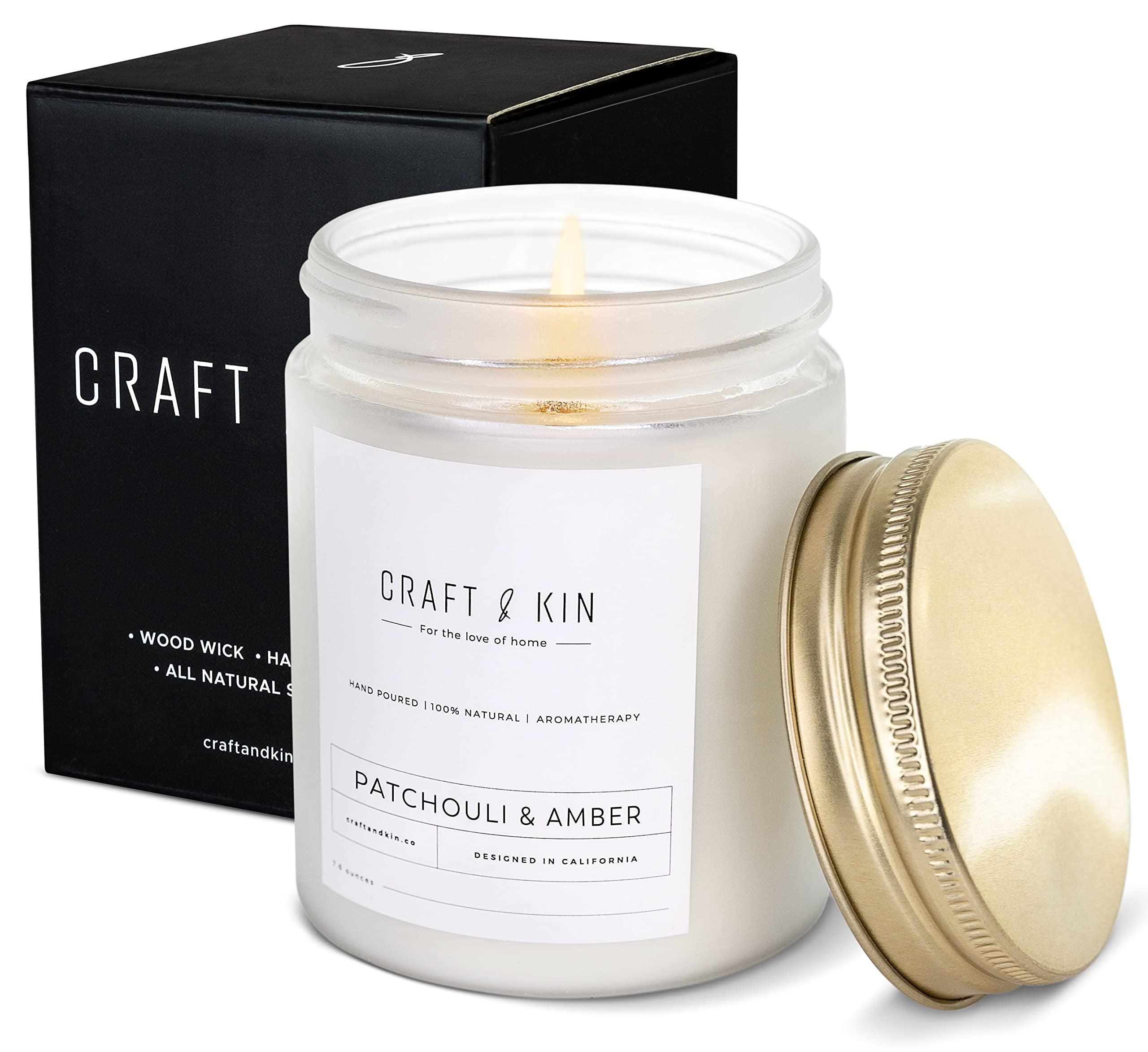 Craft & Kin Wood Wick, All-Natural Soy Aromatherapy Candle in Frosted Glass Jar