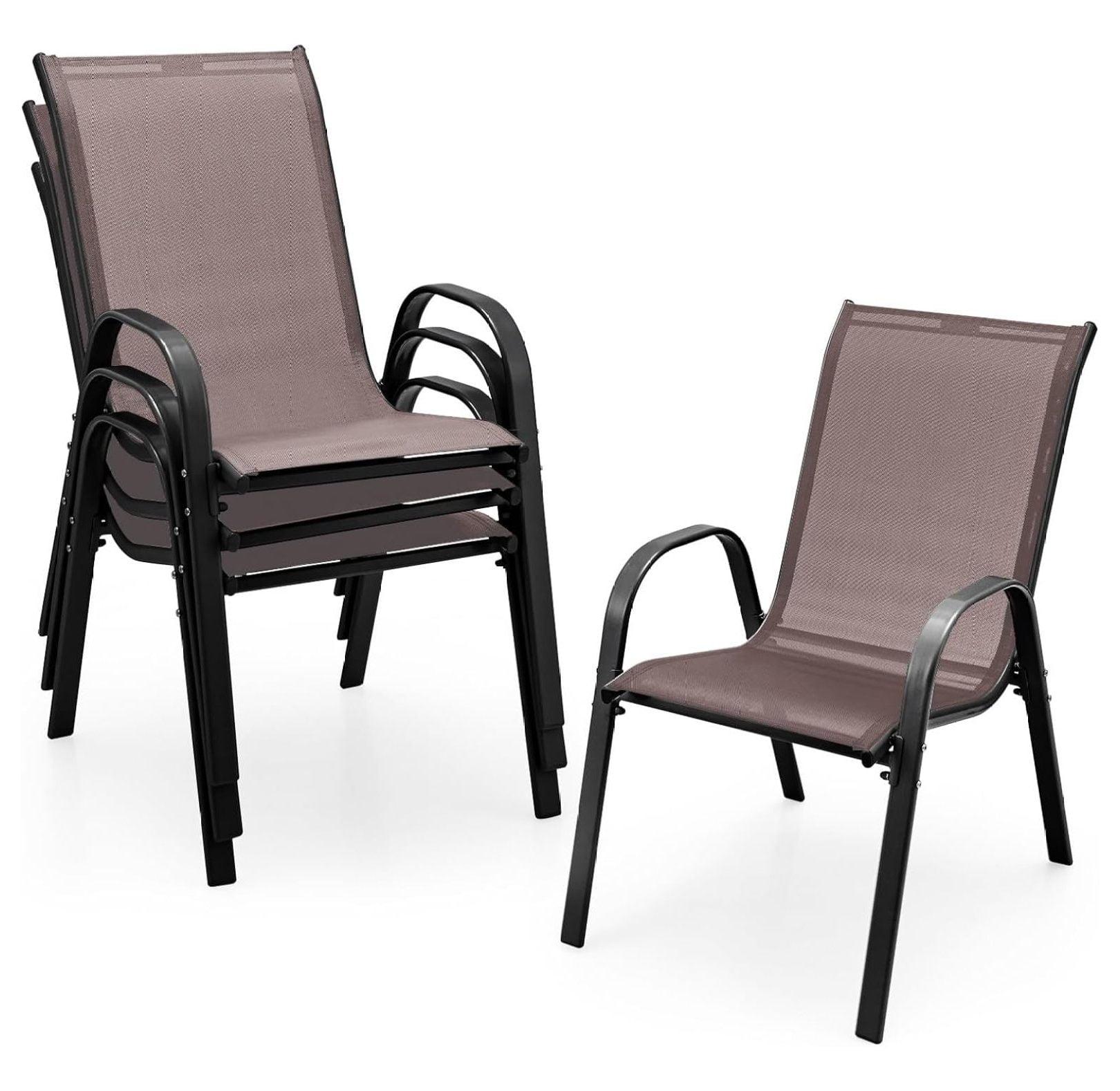 Tangkula 4PCS Patio Stacking Dining Chairs w/ Curved Armrests & Breathable Seat Fabric Brown