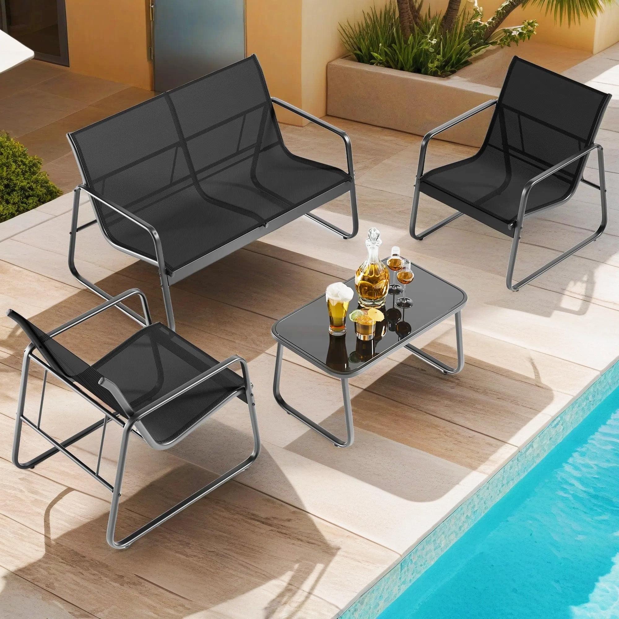 Patio Conversation Sets for 4, Lofka 4 Pieces Patio Furniture Sets with Rocking Bistro Fabric chairs, Garden Loveseat, Glass Coffee Table for Backyard, Poolside, Porch, Lawn, Black