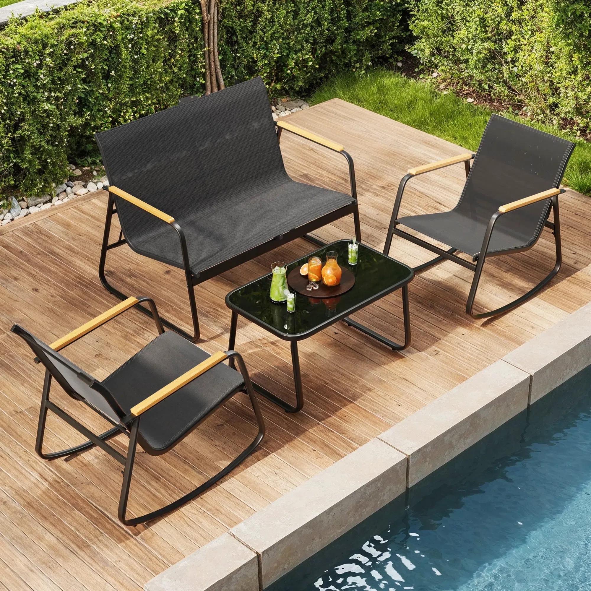 Patio Conversation Sets for 4, Lofka 4 Pieces Patio Furniture Sets with Rocking Bistro Fabric chairs, Garden Loveseat, Glass Coffee Table for Backyard, Poolside, Porch, Lawn, Black