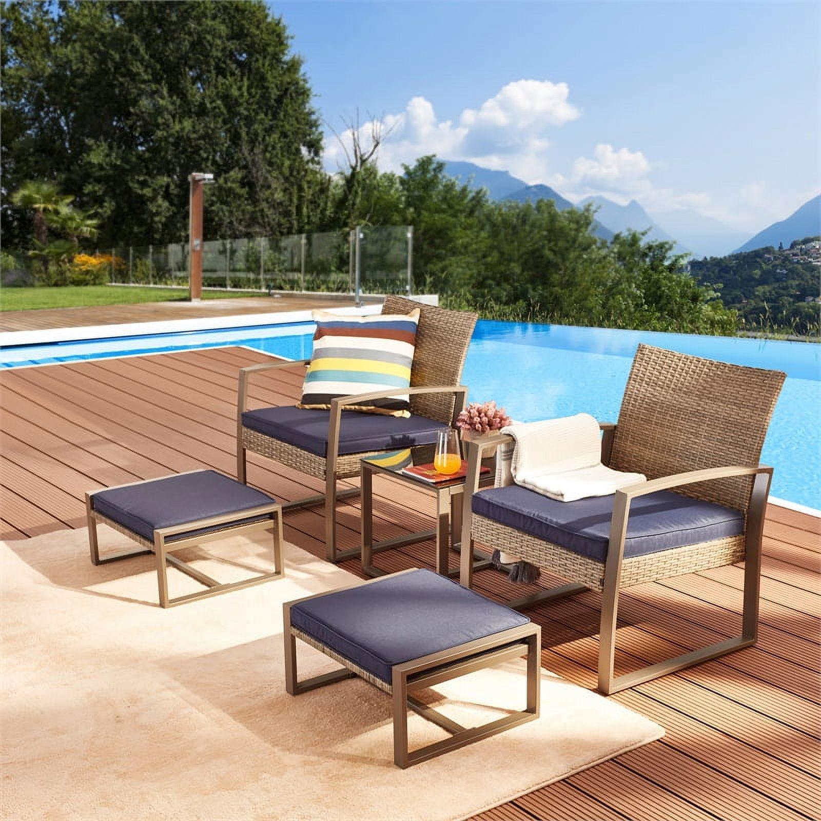 Blue 5-Piece Wicker Rattan Outdoor Conversation Set