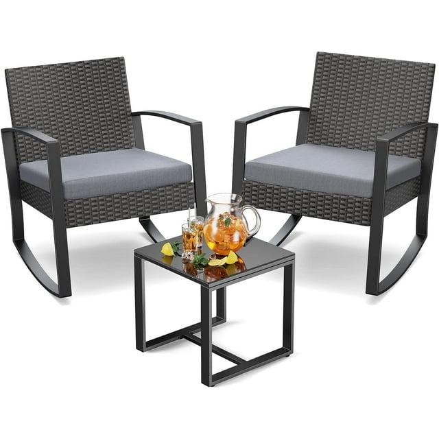 Patio Furniture Set Clearance, 3 Pieces Rocking Wicker Chair with Soft Cushion and Glass Coffee Table, for Garden, Balcony, Backyard, Gray