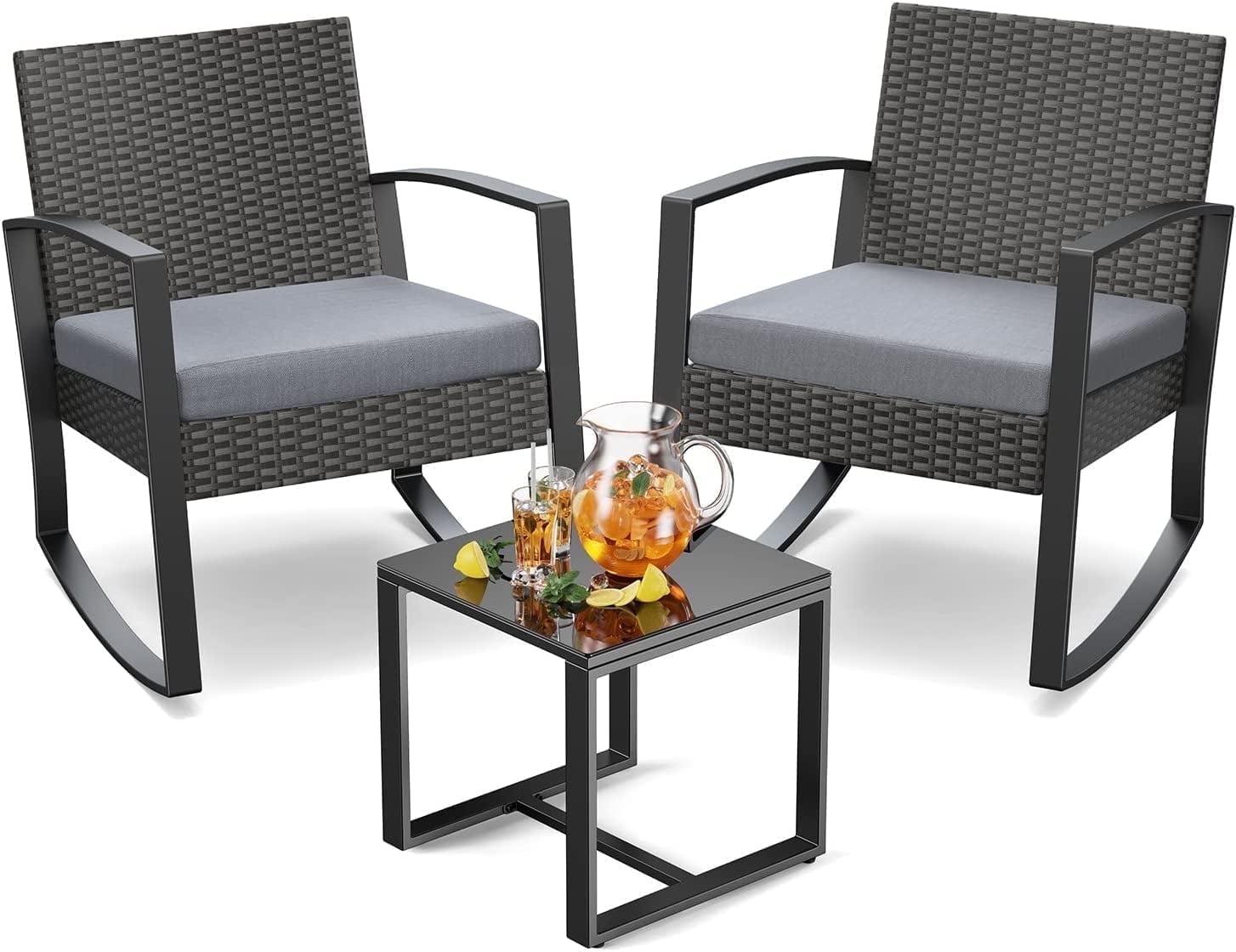 Patio Furniture Set Clearance, 3 Pieces Rocking Wicker Chair with Soft Cushion and Glass Coffee Table, for Garden, Balcony, Backyard, Gray