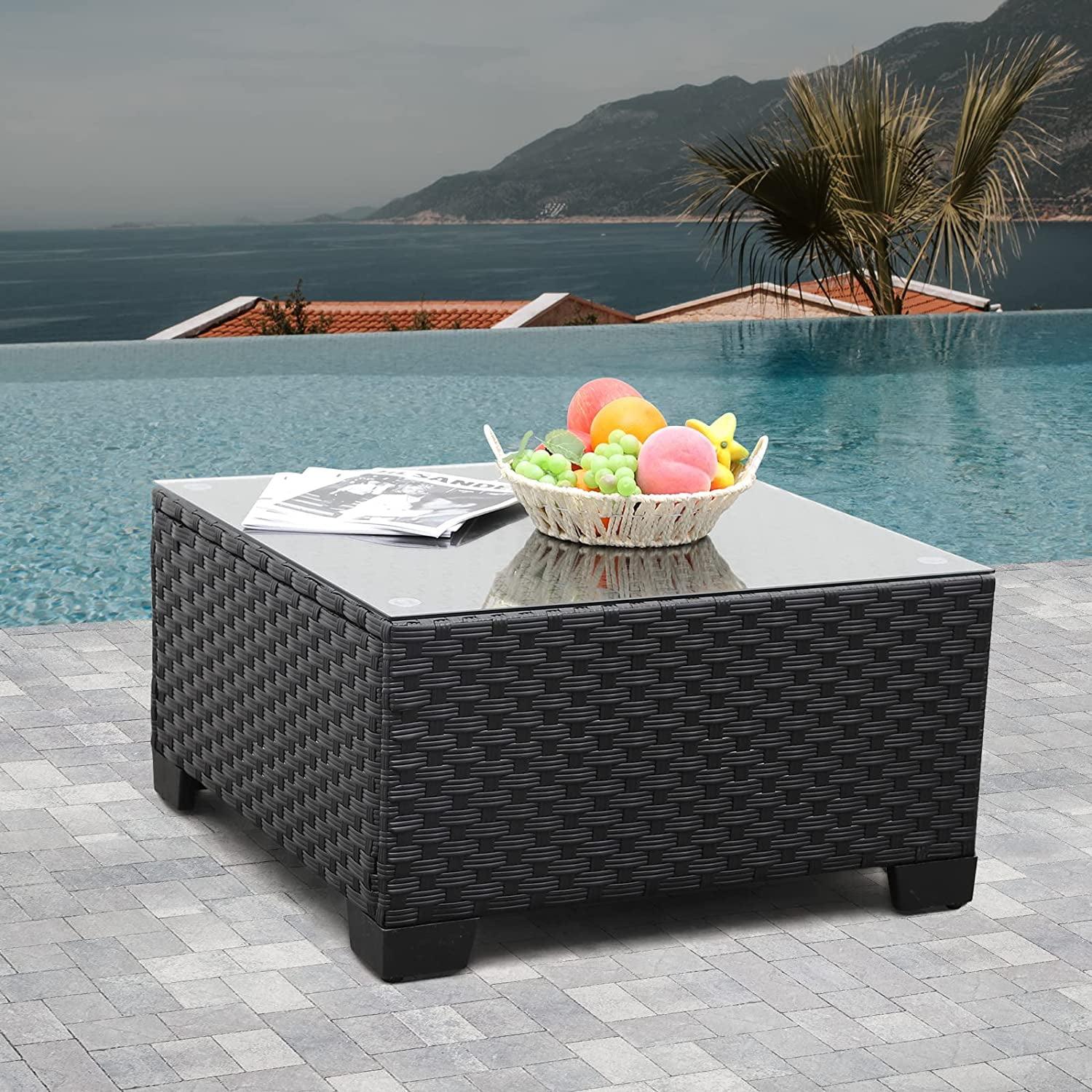 Black Wicker Square Coffee Table with Tempered Glass Top