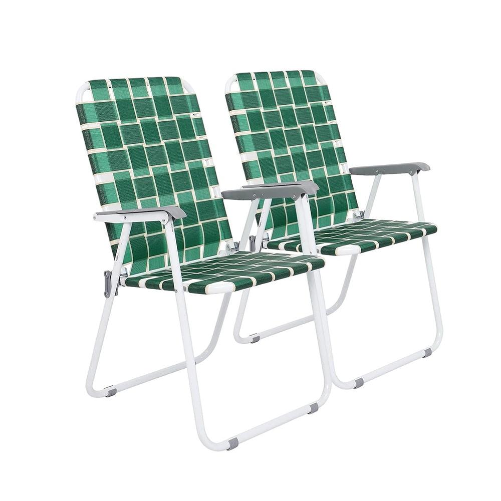 Green and White Steel Frame Folding Beach Armchairs