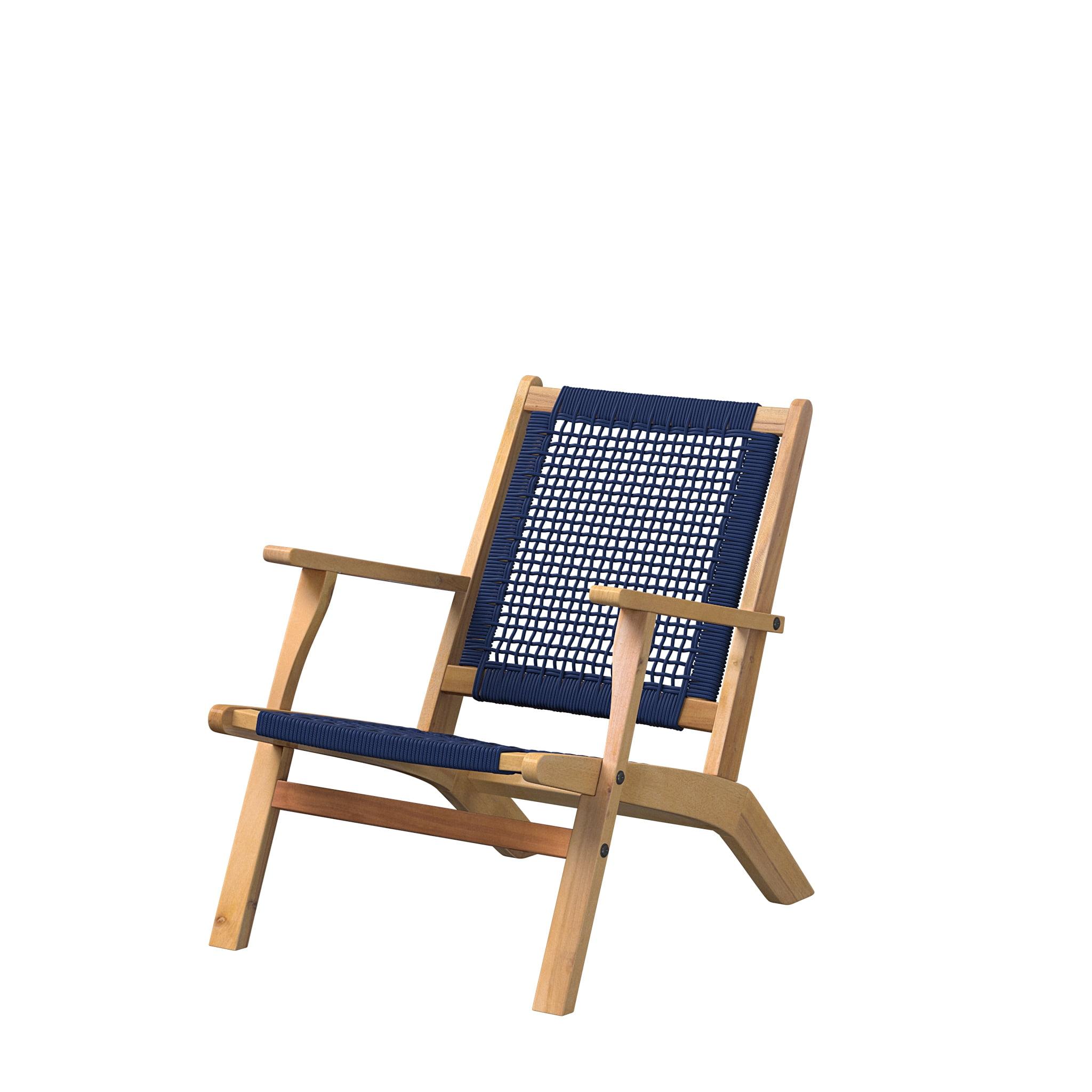 Vega Midcentury Natural Acacia Wood Outdoor Chair with Navy Blue Cording
