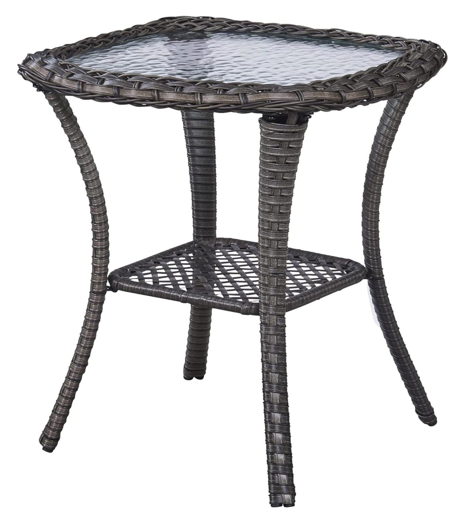 Brown Square Wicker Outdoor Glass Side Table with Storage