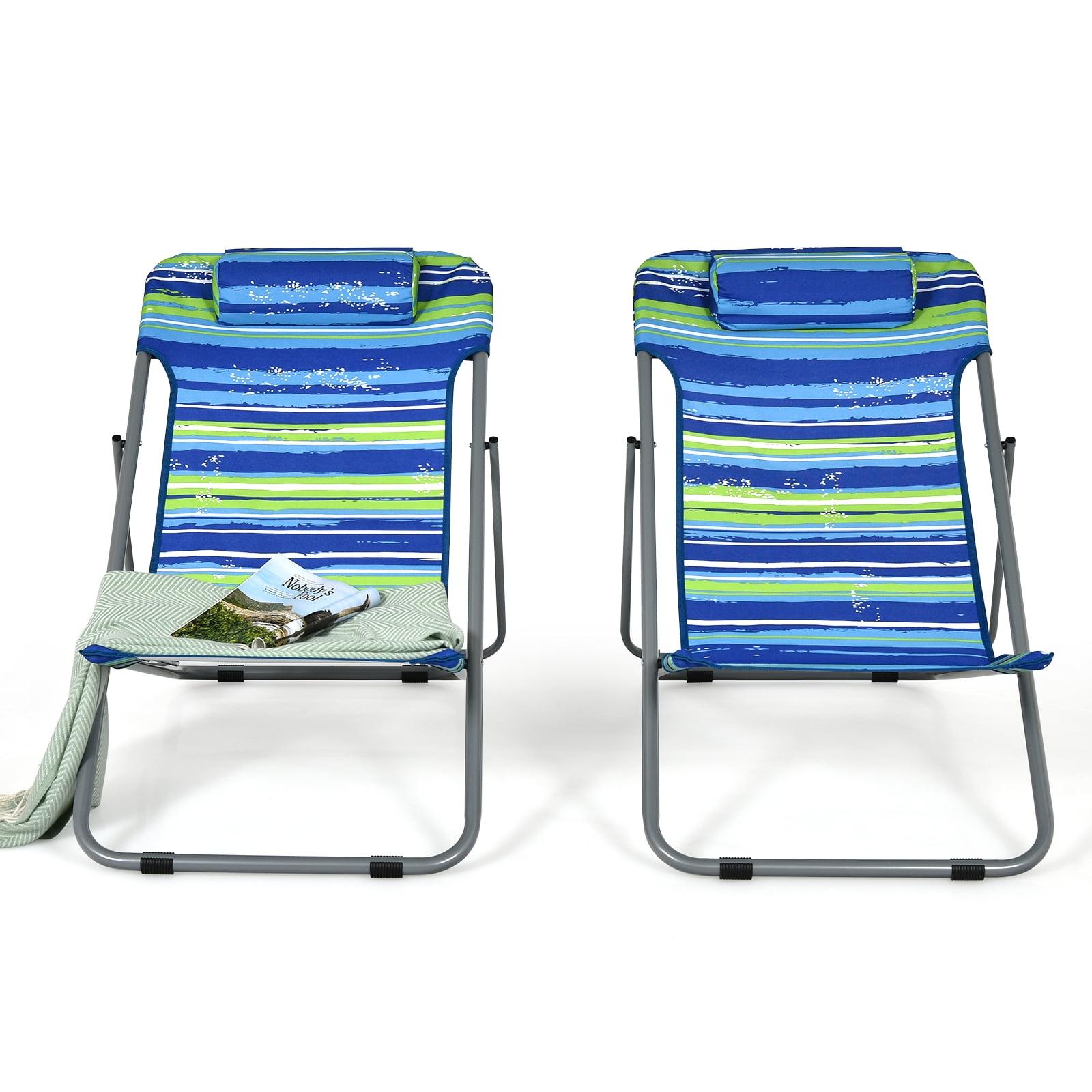 Blue and Green Striped Folding Beach Chairs with Adjustable Backrest