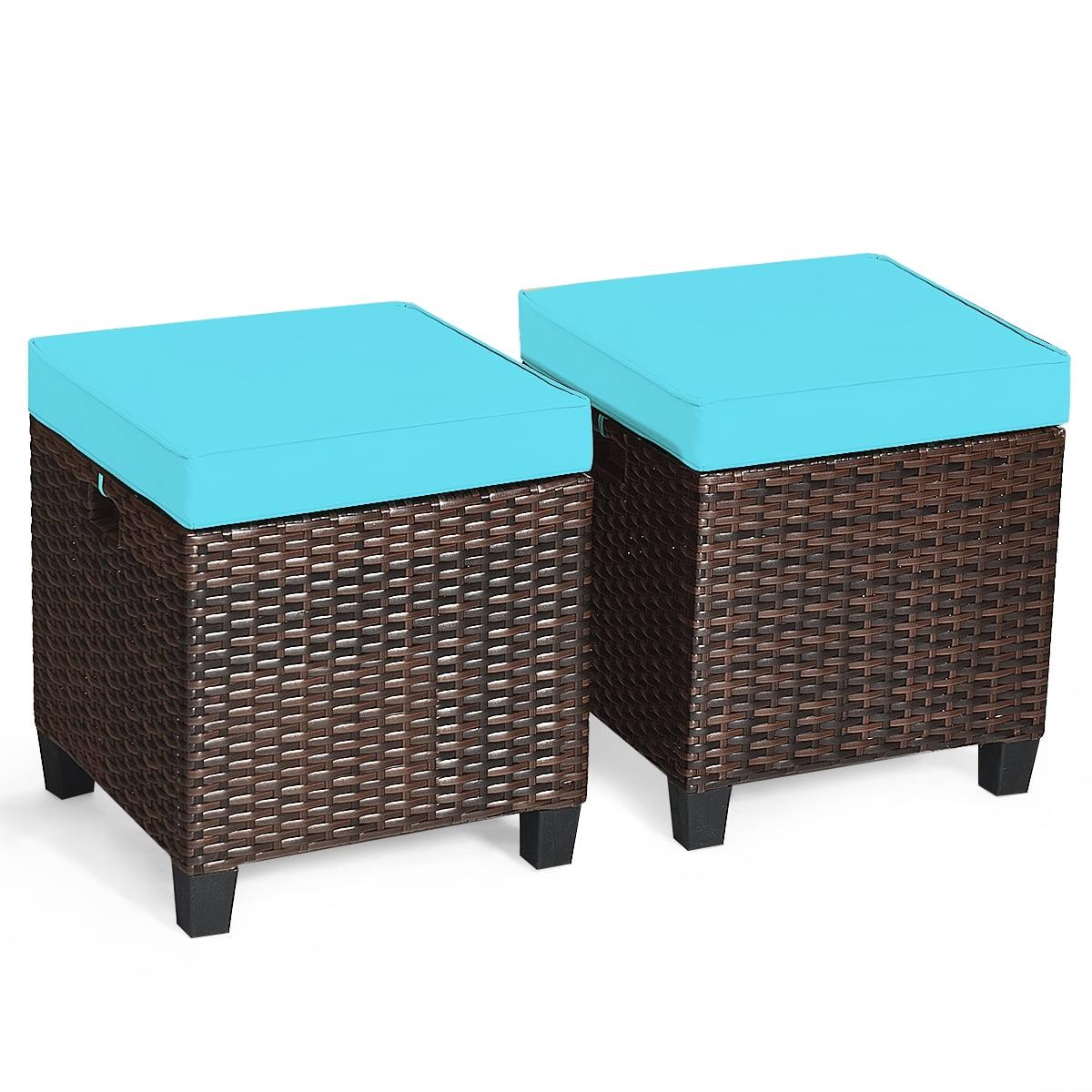 Costway 2PCS Patio Rattan Ottoman Cushioned Seat w/ Foot Rest Turquoise
