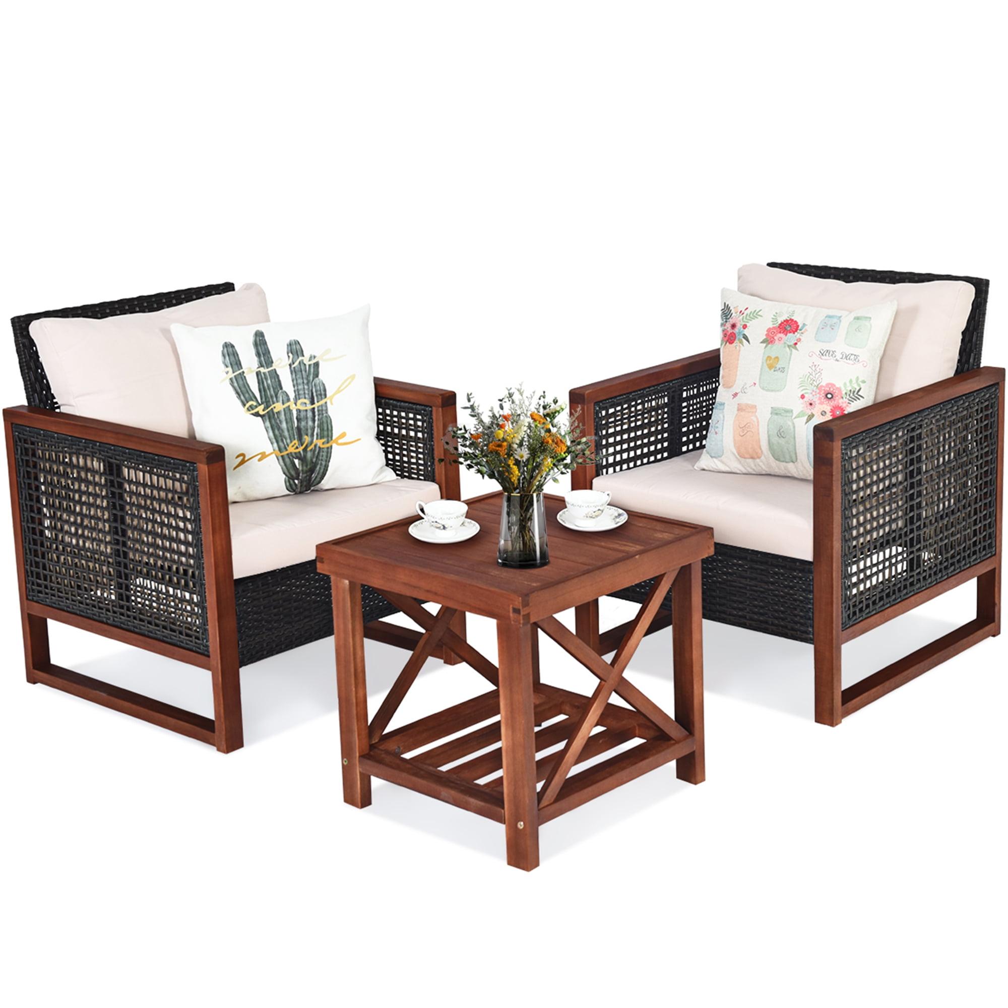 Tangkula 3-Piece Patio Rattan Wicker Bistro Set Acacia Wood Frame Sofa and Side Table