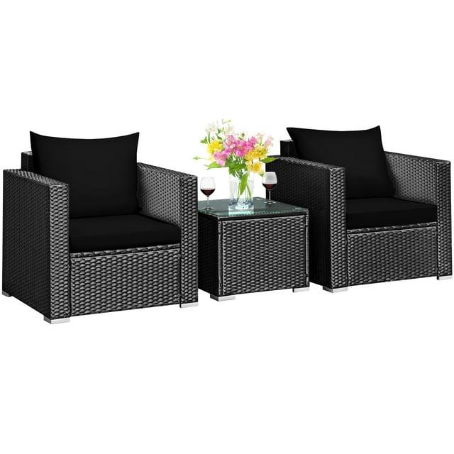 Resenkos 3 Pieces Patio Wicker Conversation Set, Outdoor Furniture Garden Conversation Bistro Sets with Coffee Table and Cushions-Black