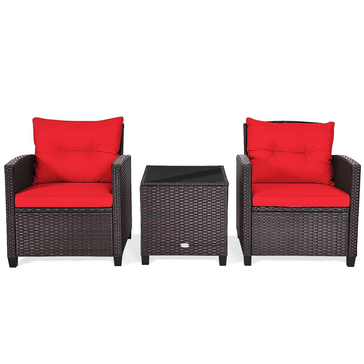 Tangkula 3PCS Wicker Cushioned Conversation Set Outdoor Rattan Furniture w/Red Cushions
