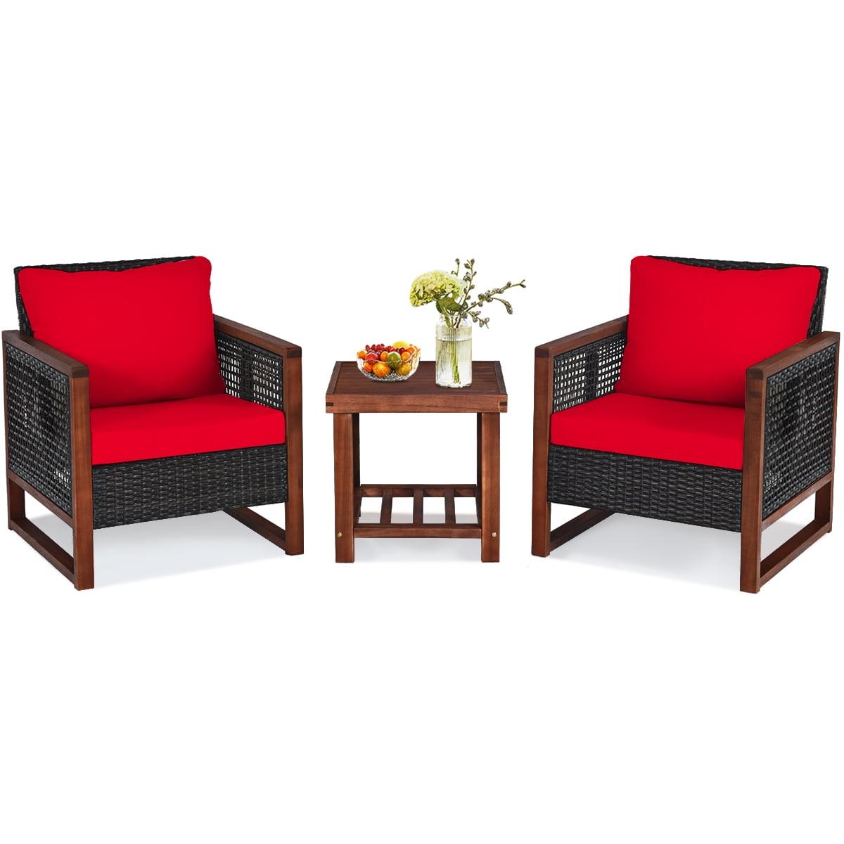 Costway 3PCS Patio Wicker Furniture Set Solid Wood Frame Cushion Sofa w/ Square Table Shelf Red