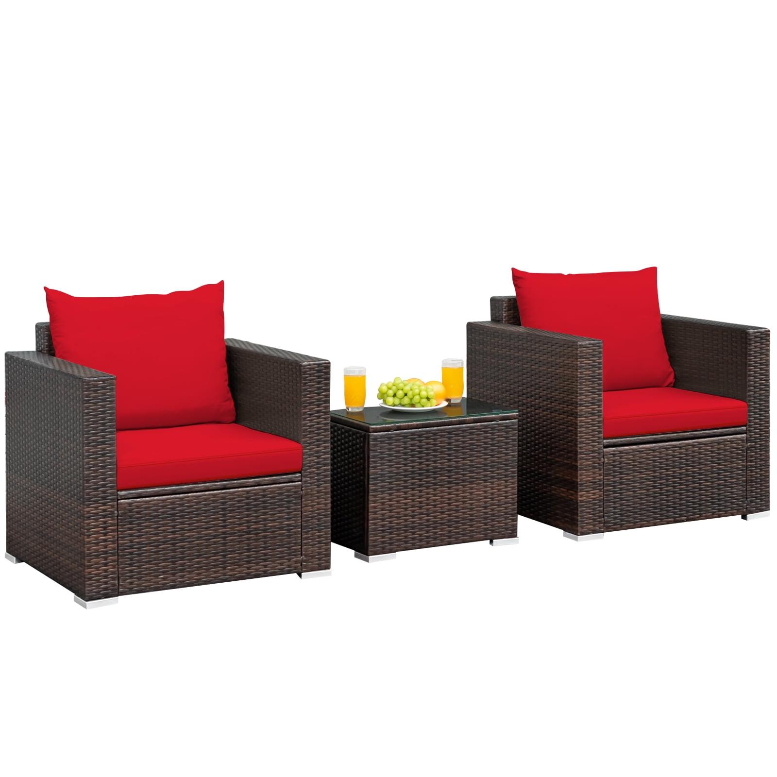 3-Piece Brown Steel Rattan Patio Set with Red Cushions