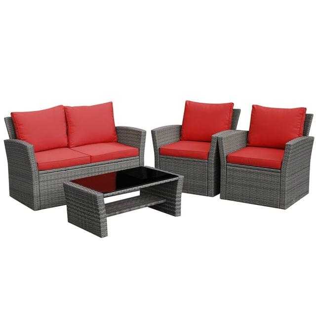 4 Piece Rattan Sofa Seating Group with Cushions
