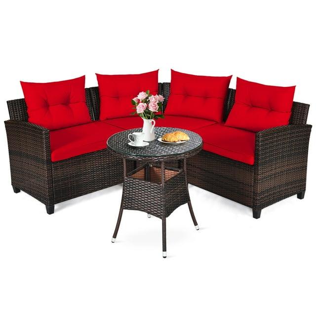 Costway 4PCS Outdoor Patio Rattan Furniture Set Cushioned Sofa Table Red