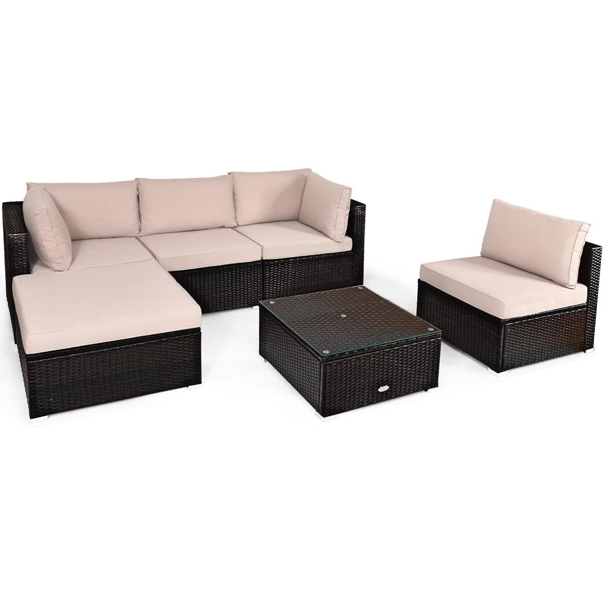 Tangkula 6PCS Patio Rattan Furniture Set Outdoor Sectional Sofa Set w/Coffee Table & Ottoman Brown