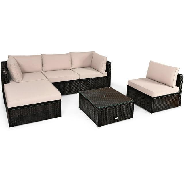 Tangkula 6PCS Patio Rattan Furniture Set Outdoor Sectional Sofa Set w/Coffee Table & Ottoman Brown