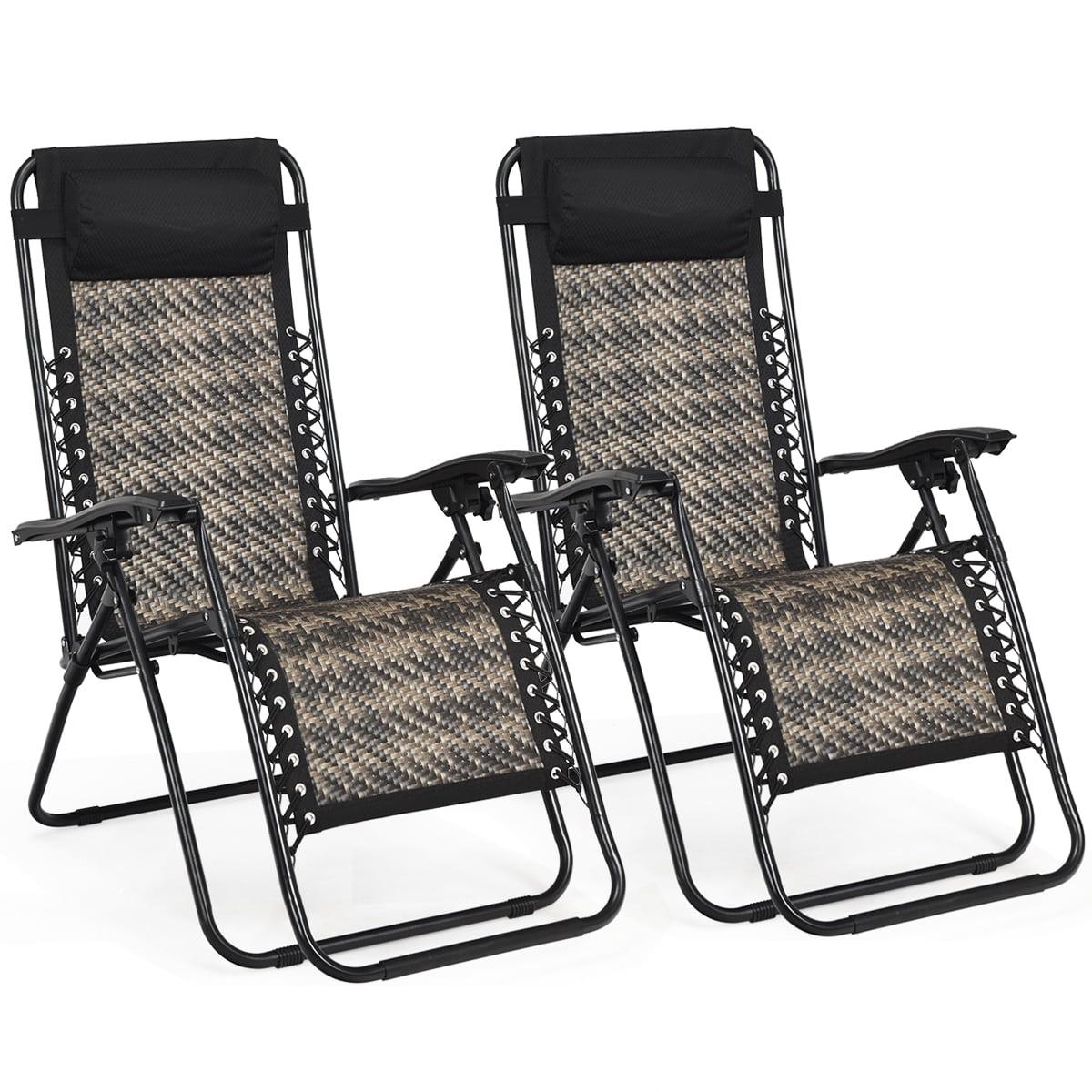 Tangkula Grey Folding Recliner 2PCS Patio Rattan Zero Gravity Lounge Chair With Headrest