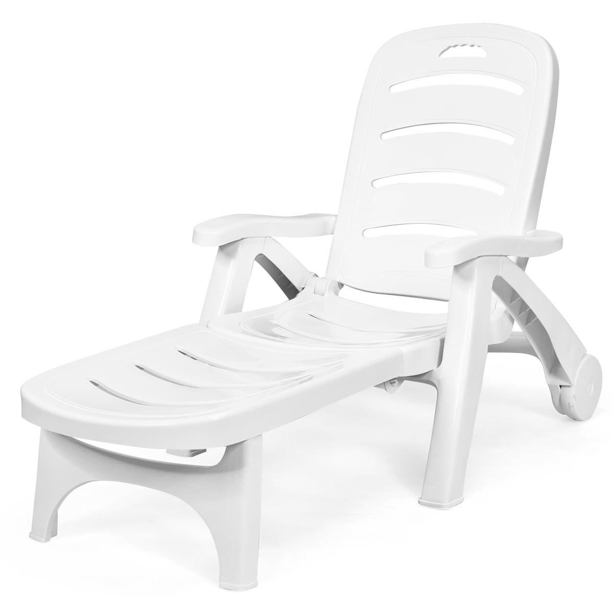 Coastal Breeze White PP Outdoor Folding Chaise Lounge with Wheels