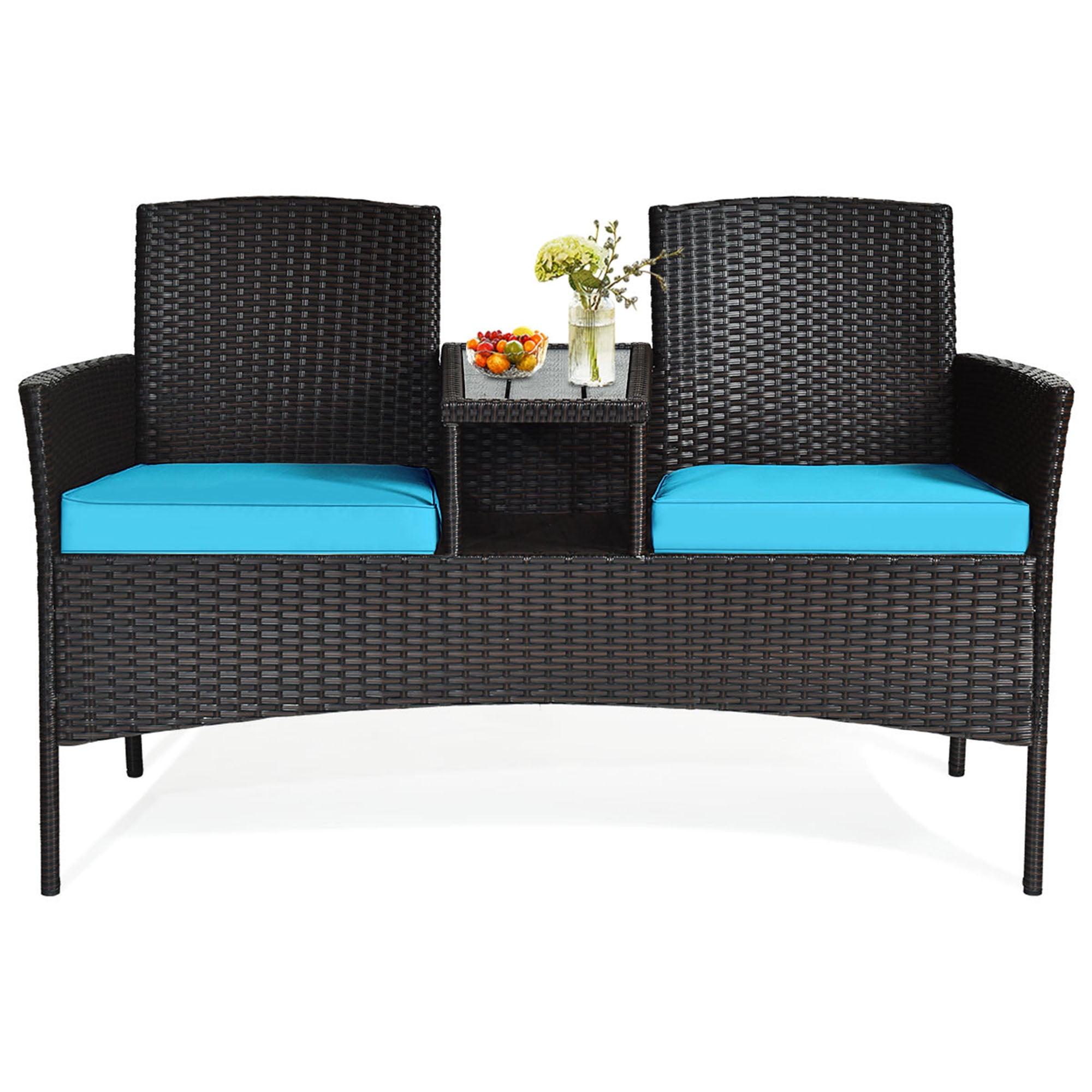 Resenkos Wicker Patio Conversation Furniture Set with Seat , Balcony Furniture Outdoor Rattan Patio Conversation Set with Removable Cushions and Table-Turquoise