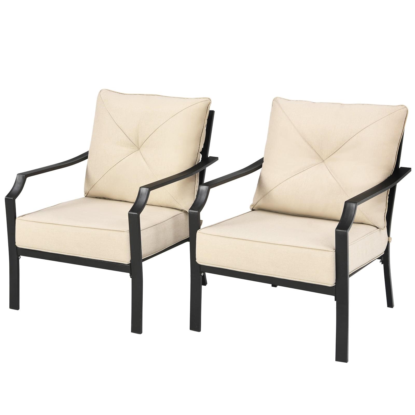 Set of 2 Beige Cushioned Iron Patio Dining Chairs