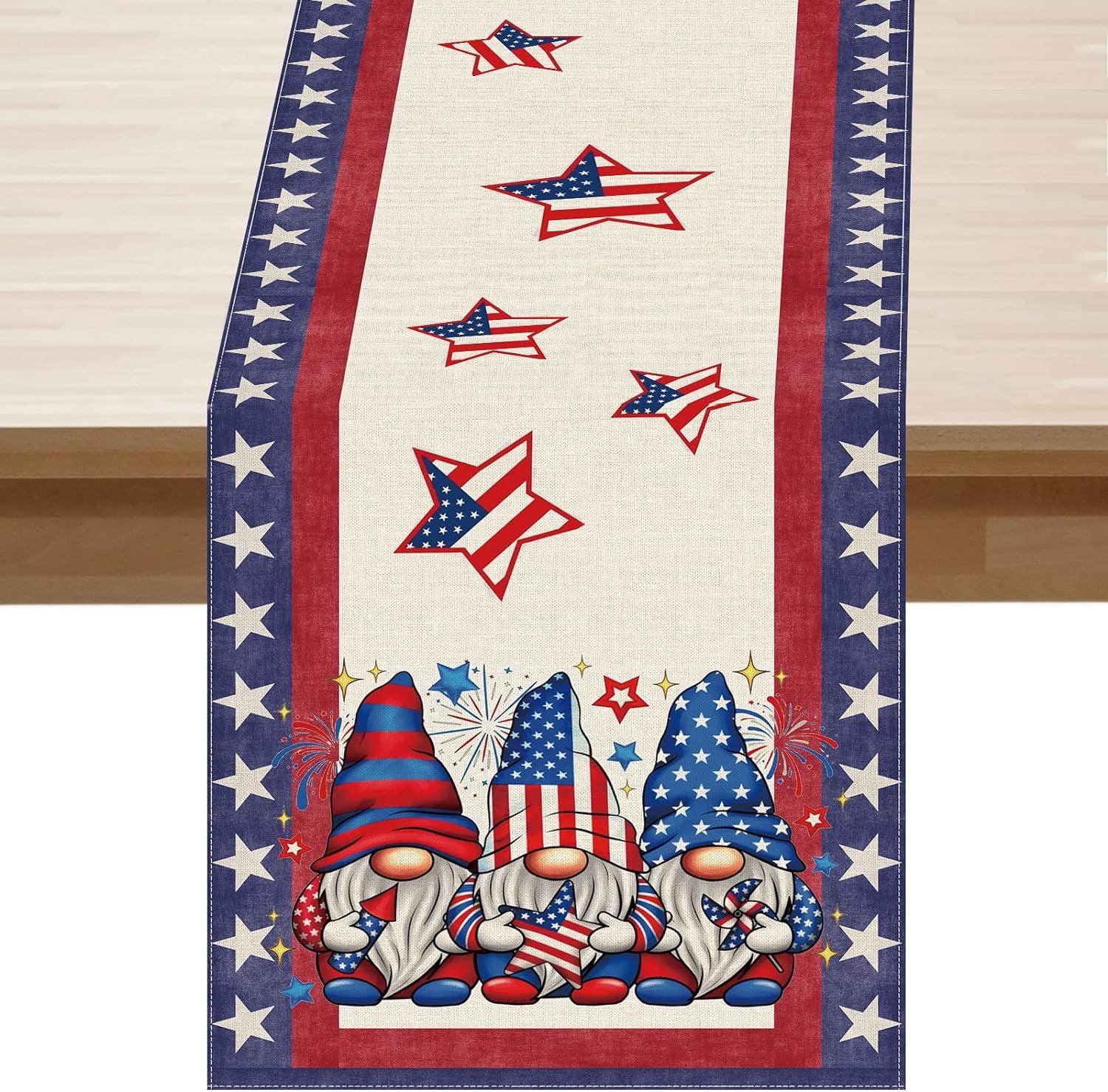 Rdsfhsp 4th of July Table Runner Gnome Stars Patriotic America Memorial Day Independence Day 13x72 Inch Dining Table Decoratios Indoor Outdoor Home Decor