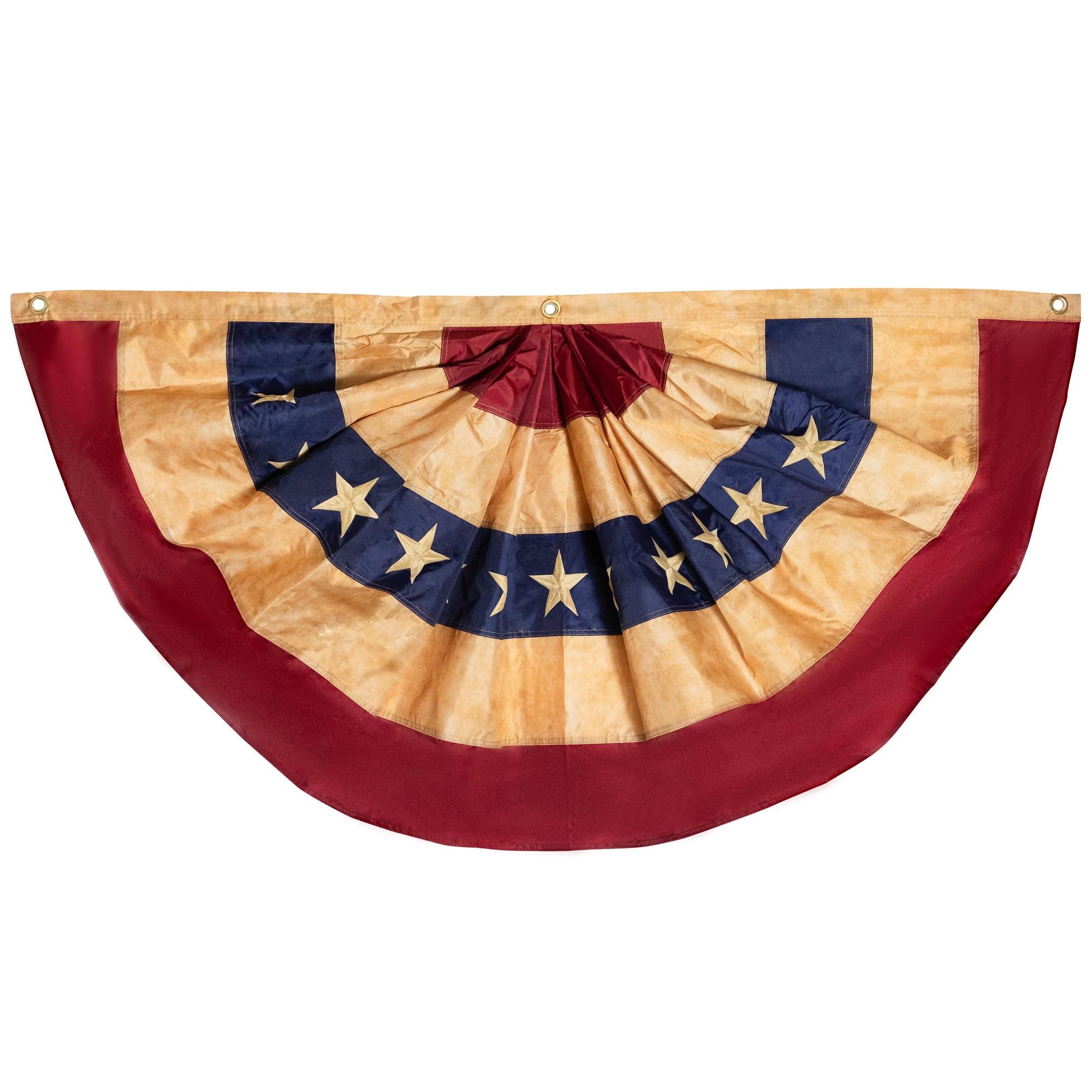 Vintage Patriotic Tea-Stained Pleated Bunting Flag with Stars