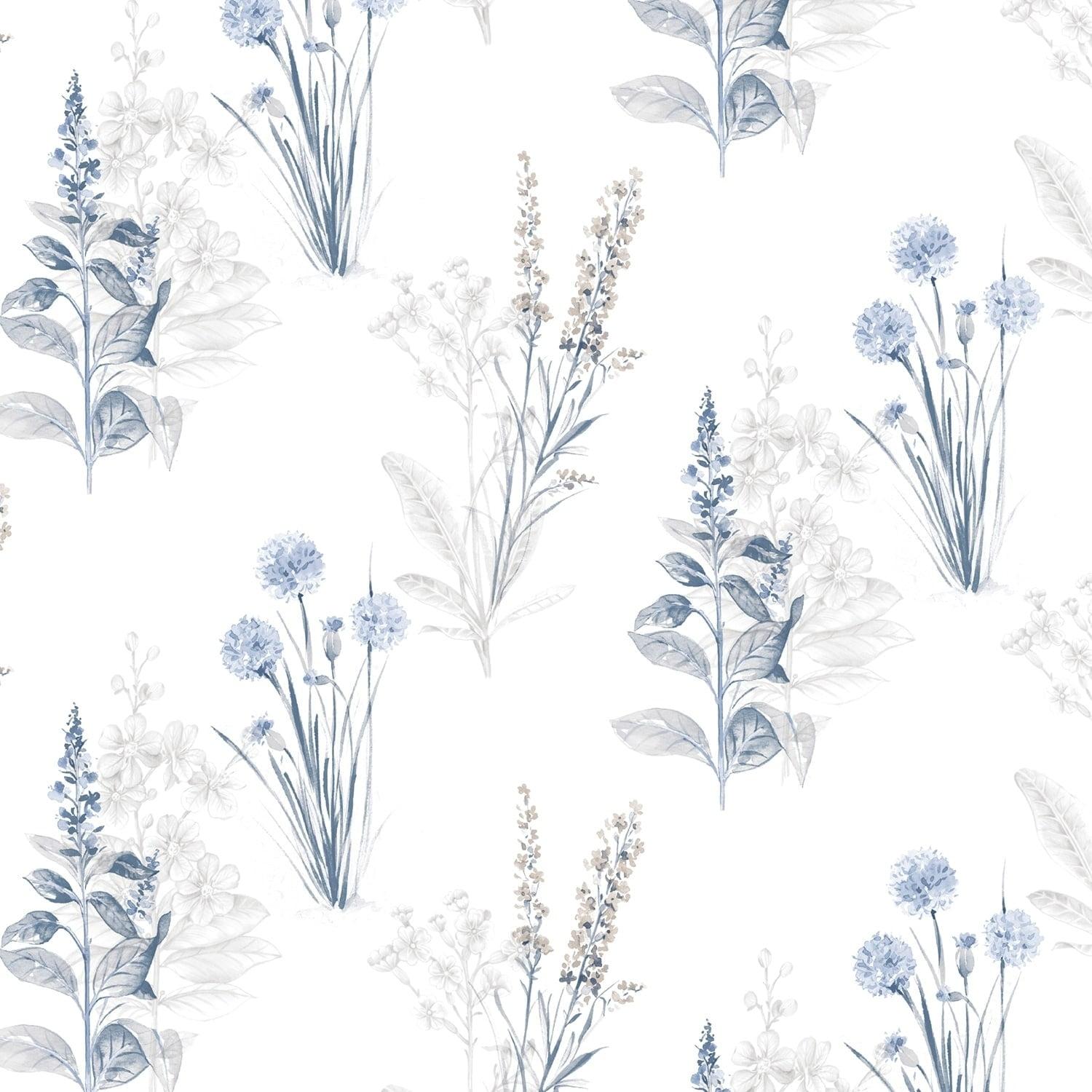 Flora Blue and Grey Pre-Pasted Vinyl Wallpaper