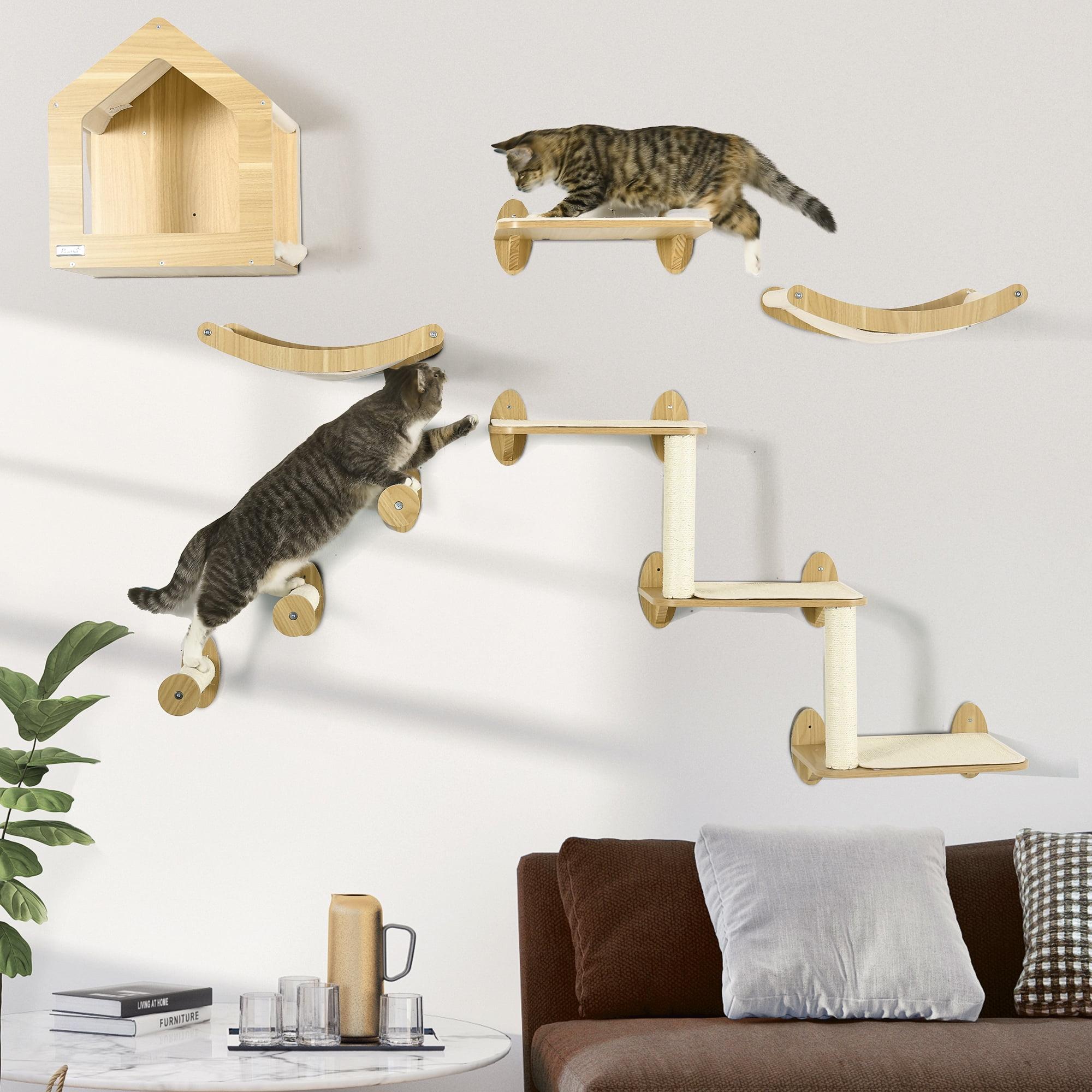 Natural Wood and Sisal Wall-Mounted Cat Tree with Hammocks