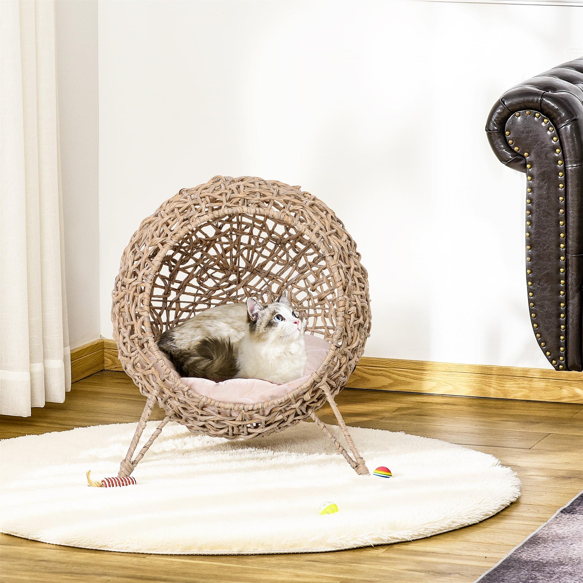 Beige Round Wicker Elevated Cat House with Cushion