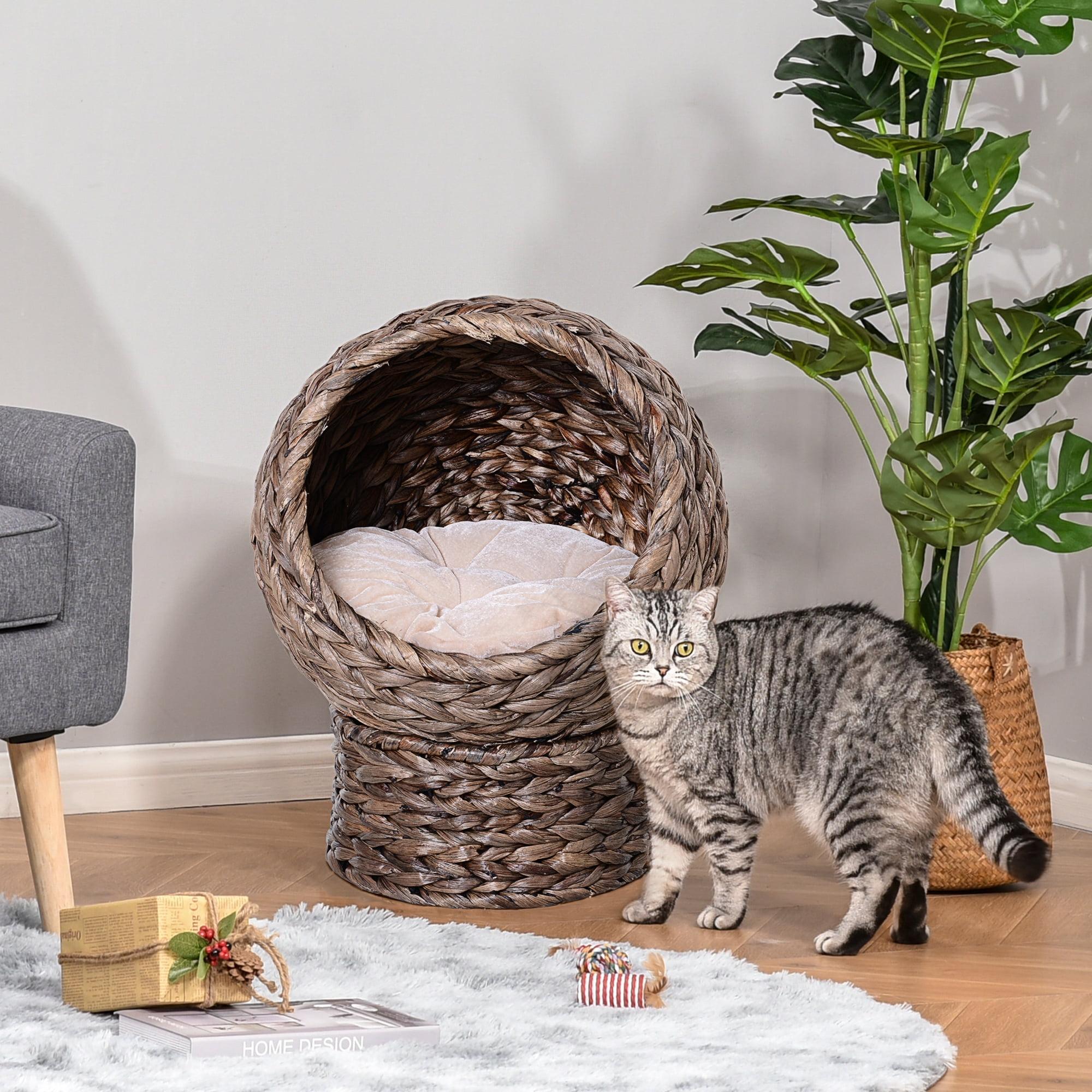 Natural Water Hyacinth Elevated Cat Bed with Cushion