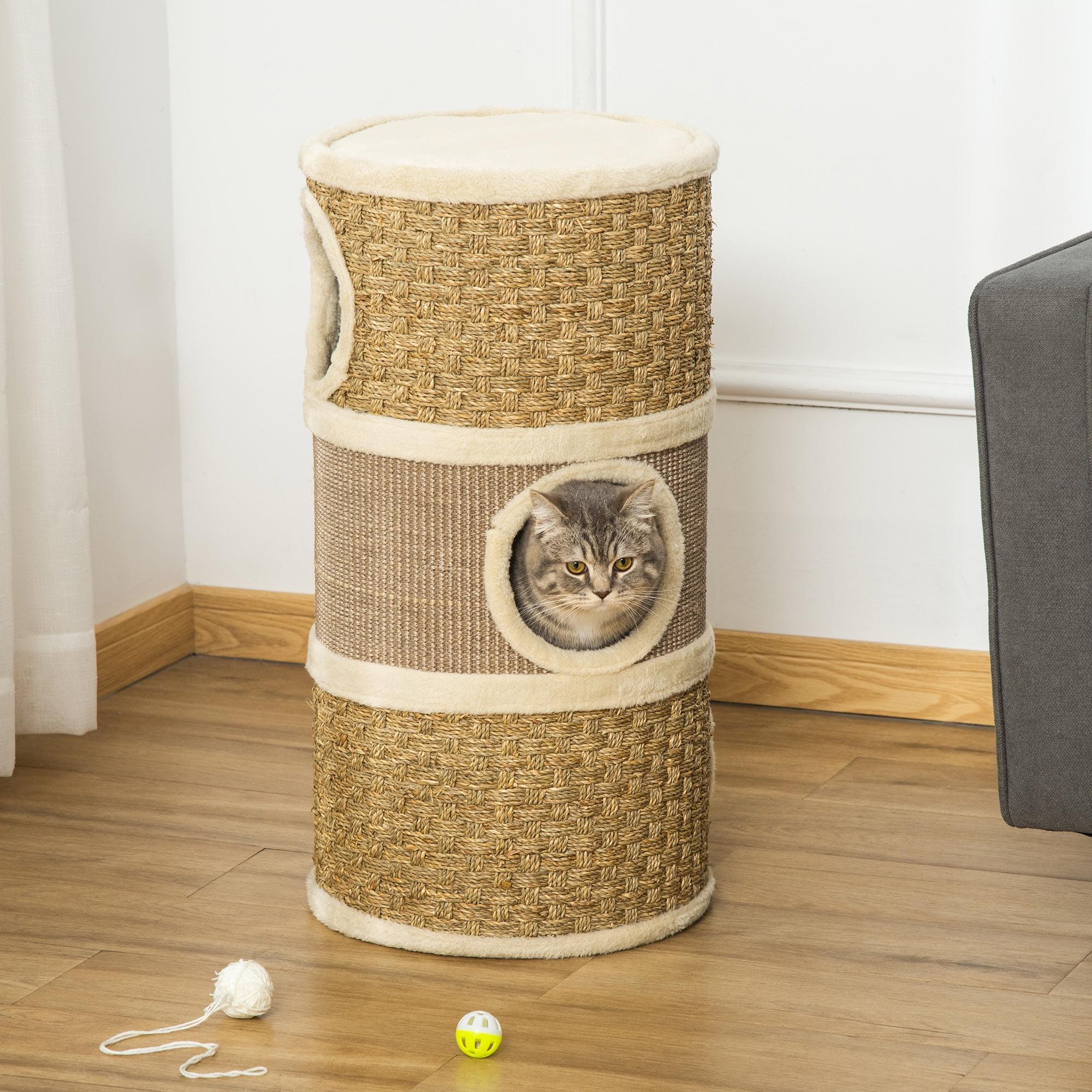 George Oliver 28 Inch Cat Condo, 3 Story Cat Hideaway with Sisal Scratching Pad, Barrel Shaped Small Cat Tree