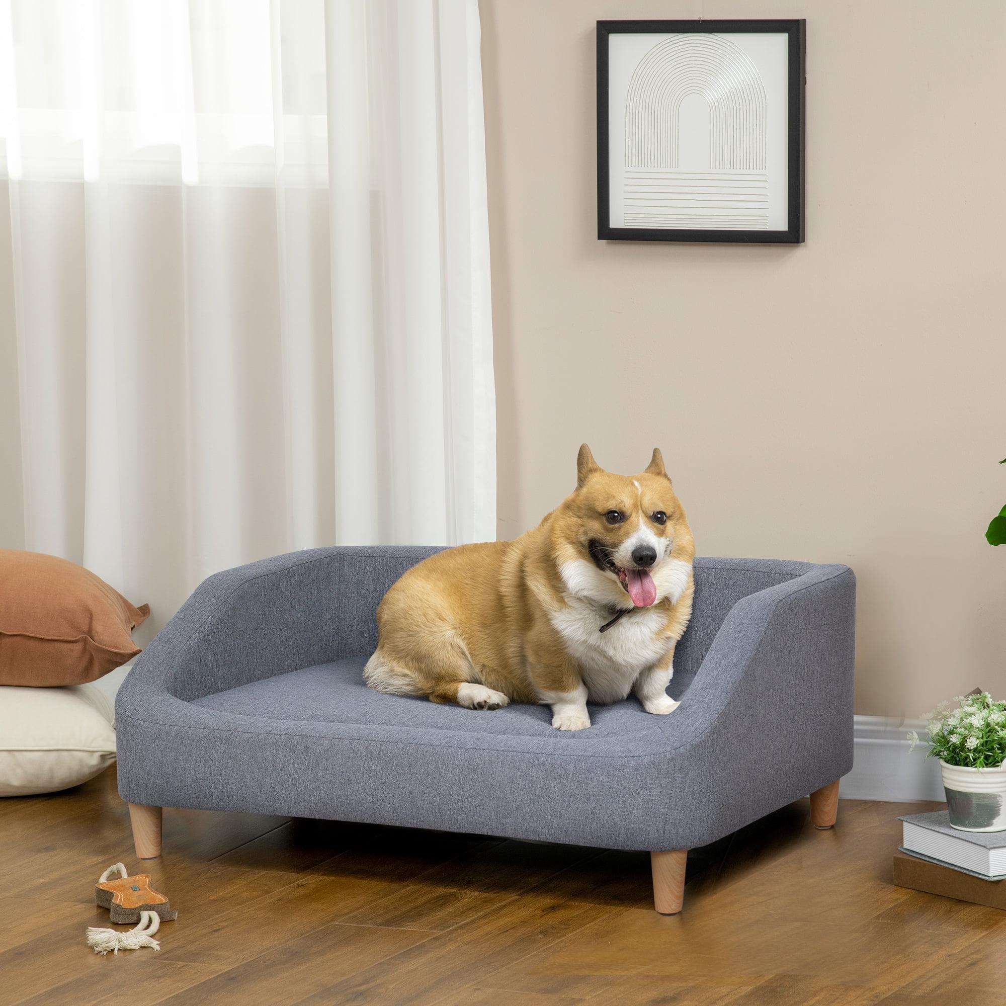 Gray Elevated Dog Sofa with Wooden Frame and Cushion