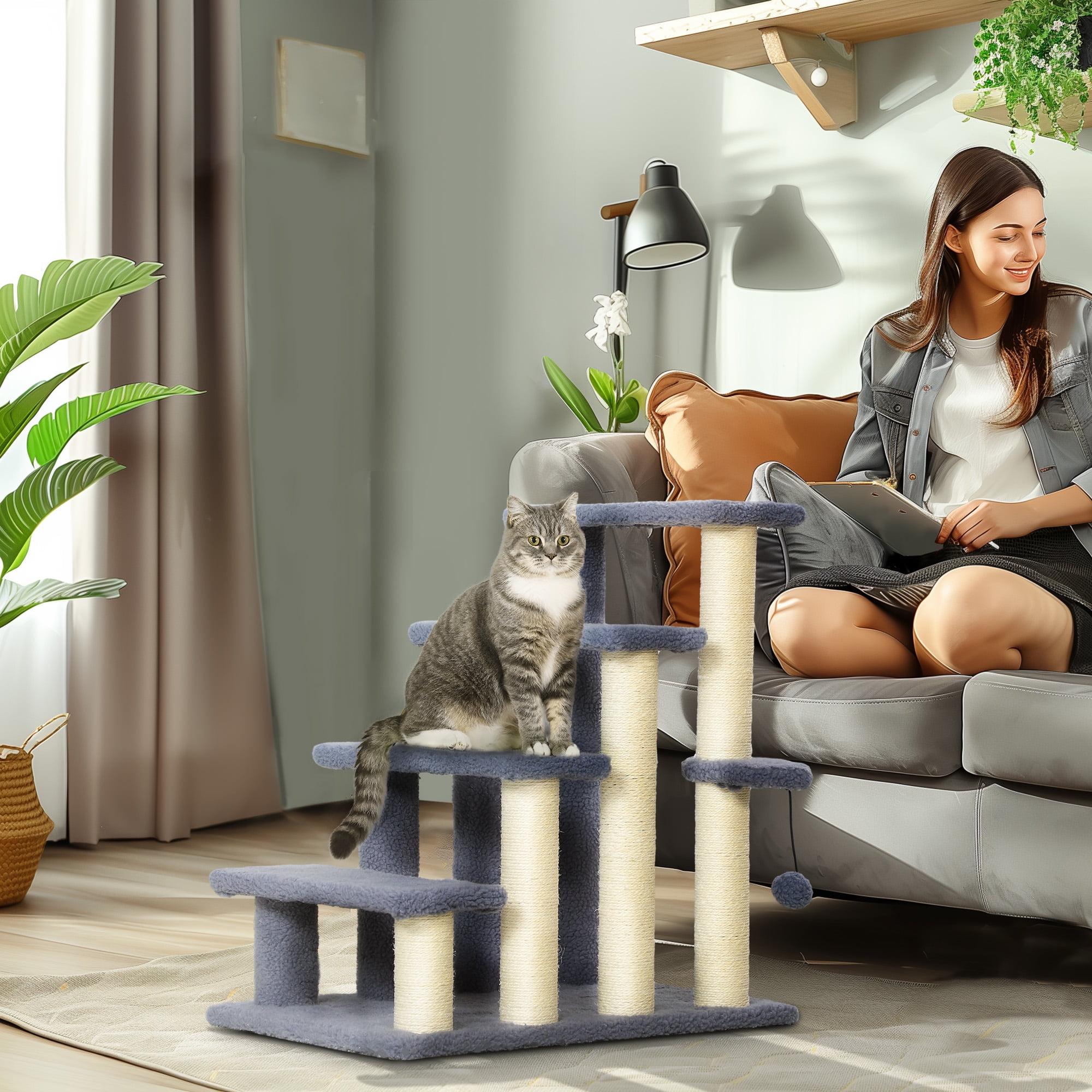 PawHut 4 Levels Cat Steps, Pet Stairs Carpeted Ladder, Kitten Tree Climber with Scratching Posts, Hanging Play Ball, Side Step, Gray